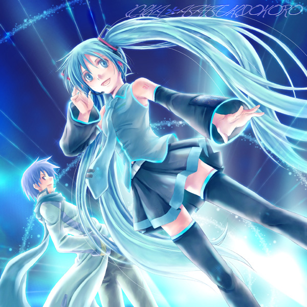 ichika asatsuki, hatsune miku, kaito (vocaloid), vocaloid, bad id, bad pixiv id, aqua eyes, aqua hair, detached sleeves, headset, long hair, necktie, scarf, skirt, thighhighs, twintails, very long hair, zettai ryouiki