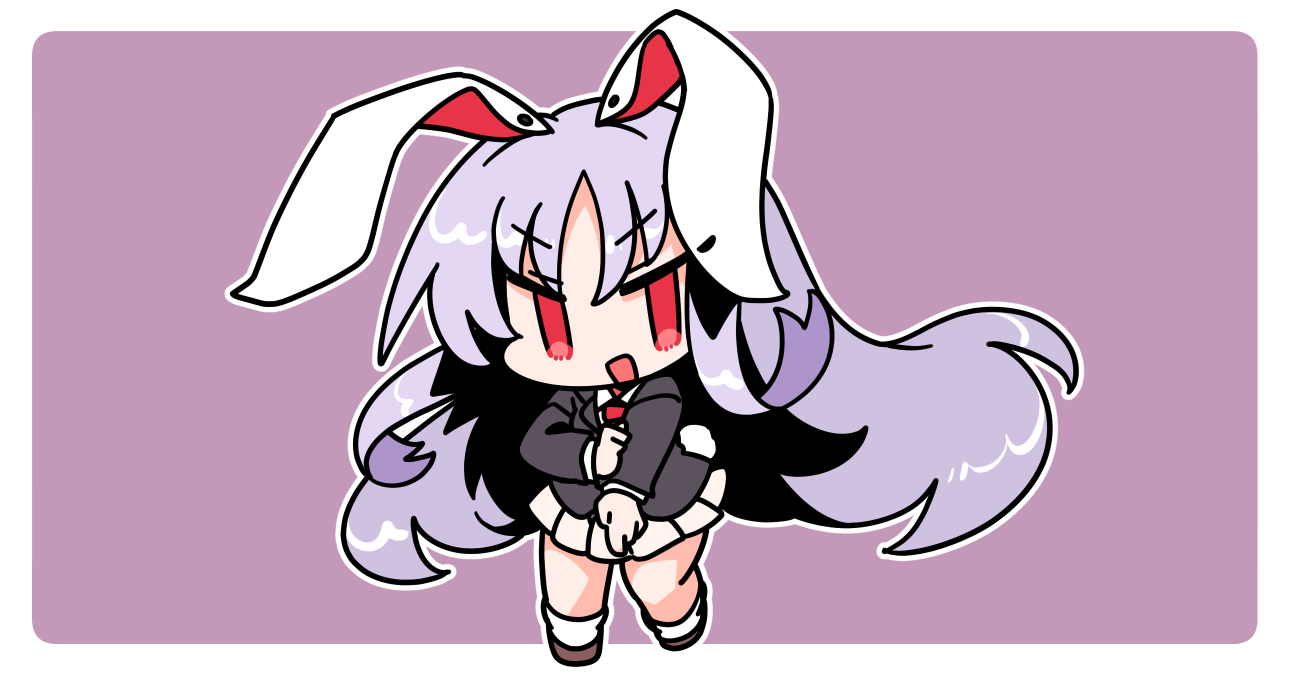 ini (inunabe00), reisen udongein inaba, touhou, commentary, 1girl, :d, animal ears, black jacket, border, brown shoes, chibi, chibi only, full body, jacket, long hair, long sleeves, looking at viewer, miniskirt, necktie, open mouth, outline, outside border, parted bangs, pleated skirt, purple background, purple hair, rabbit ears, rabbit girl, red necktie, shoes, simple background, skirt, smile, socks, solo, standing, v-shaped eyebrows, white border, white outline, white socks, yellow skirt
