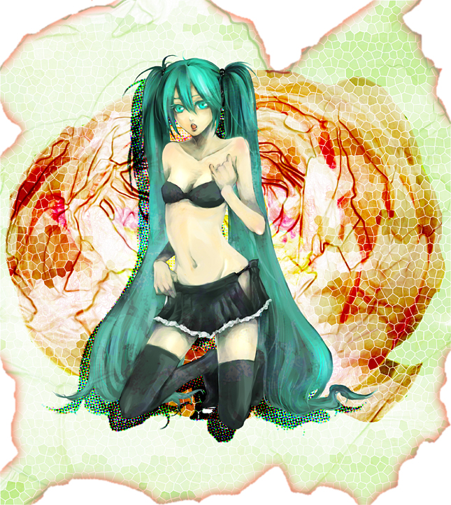hagiri rukiya, hatsune miku, vocaloid, bad id, bad pixiv id, green eyes, green hair, long hair, navel, skirt, solo, thighhighs, twintails, very long hair