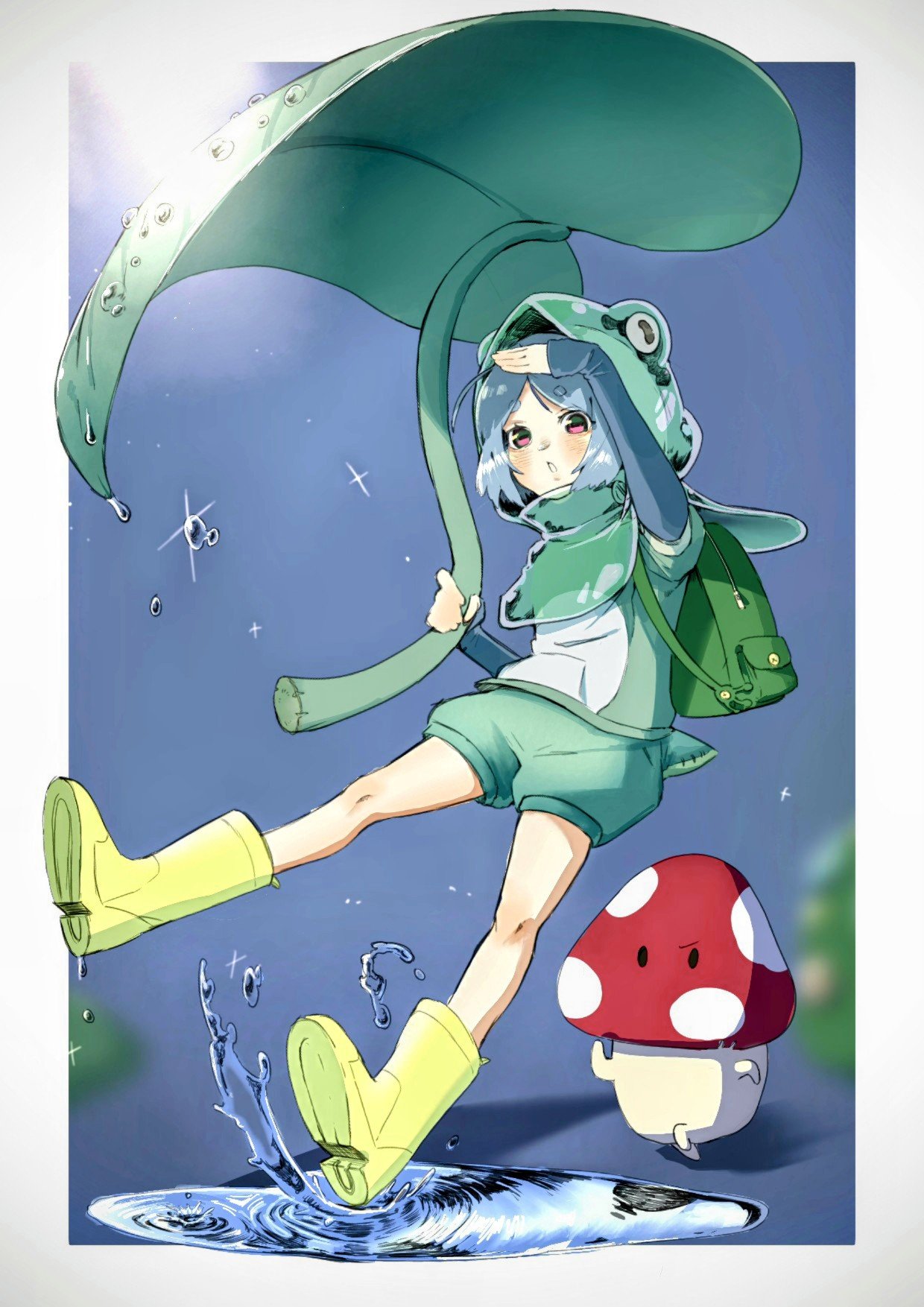 original, commentary, highres, 1girl, 1other, animal hood, backpack, bag, blue hair, boots, border, frog hood, green bag, green shirt, green shorts, holding, holding leaf, hood, infinityokaka, leaf, mushroom, outside border, puddle, rubber boots, shirt, shoe soles, short hair, shorts, water drop, white border, yellow boots