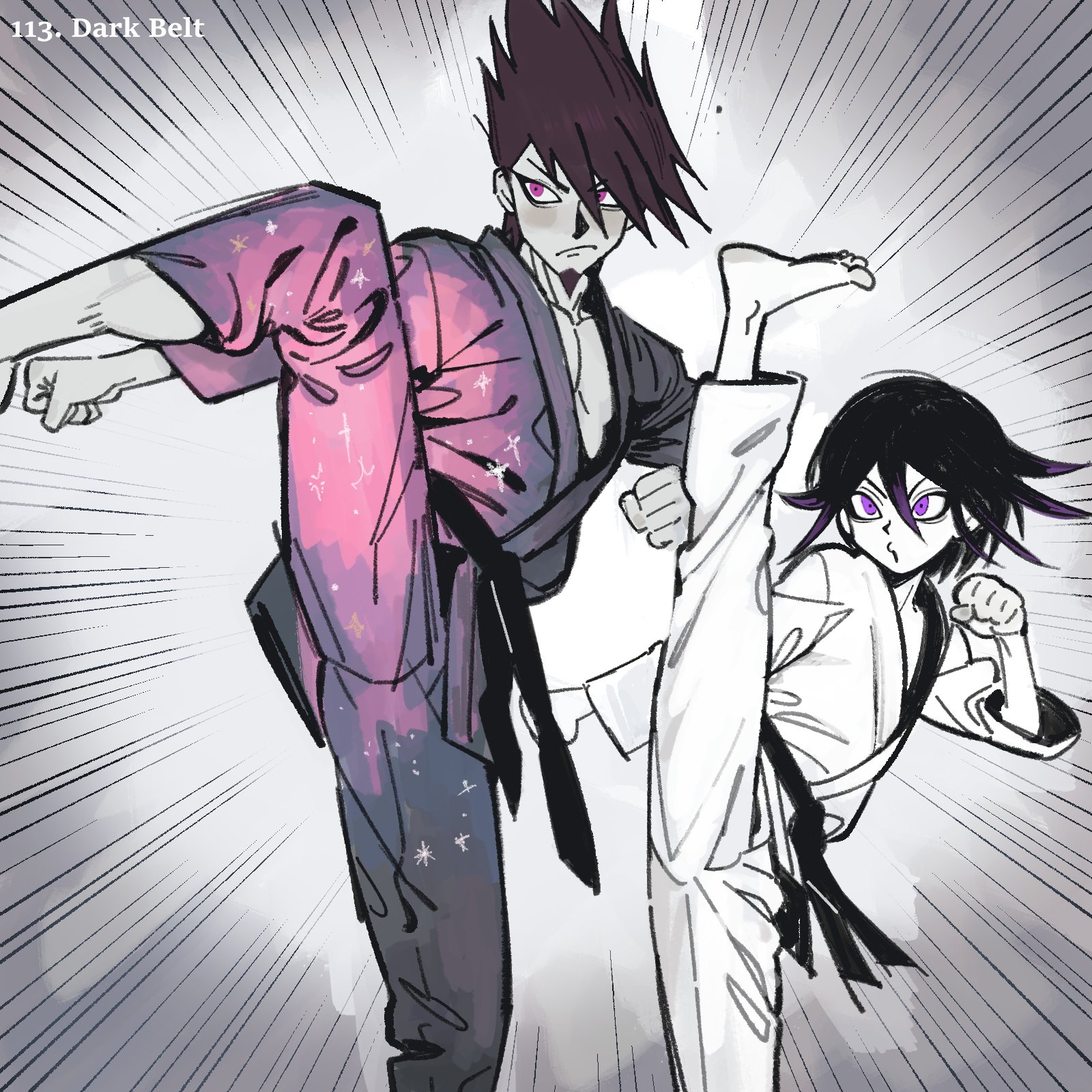 miri (bossu osu), momota kaito, oma kokichi, danganronpa (series), danganronpa v3: killing harmony, commentary, english commentary, highres, 2boys, aegyo sal, barefoot, belt, black belt, black hair, blush, clenched hands, dougi, dynamic pose, facial hair, fighting stance, flipped hair, goatee, grey background, hair between eyes, height difference, karate, karate gi, leg up, long sleeves, male focus, martial arts, martial arts belt, motion lines, multiple boys, pectoral cleavage, pectorals, purple eyes, purple facial hair, purple hair, short hair, simple background, size difference, spiked hair, split, standing, standing on one leg, starry sky print, taekwondo
