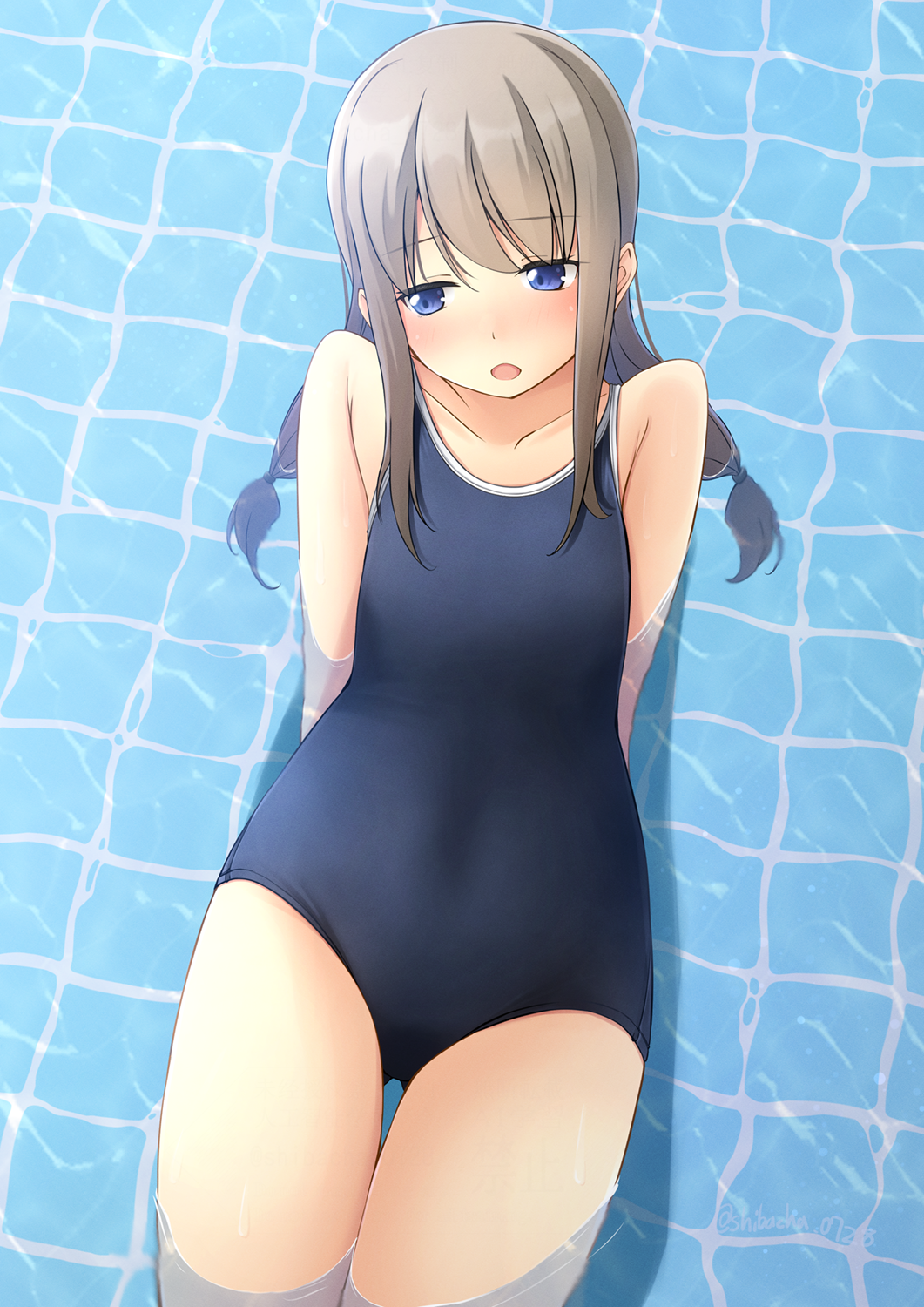 shibacha, original, commentary request, highres, 1girl, ass, blue eyes, blue one-piece swimsuit, blush, braid, brown hair, competition school swimsuit, cowboy shot, flat chest, low twintails, nose blush, one-piece swimsuit, school swimsuit, solo, swimsuit, thigh gap, tile floor, tiles, twin braids, twintails, water