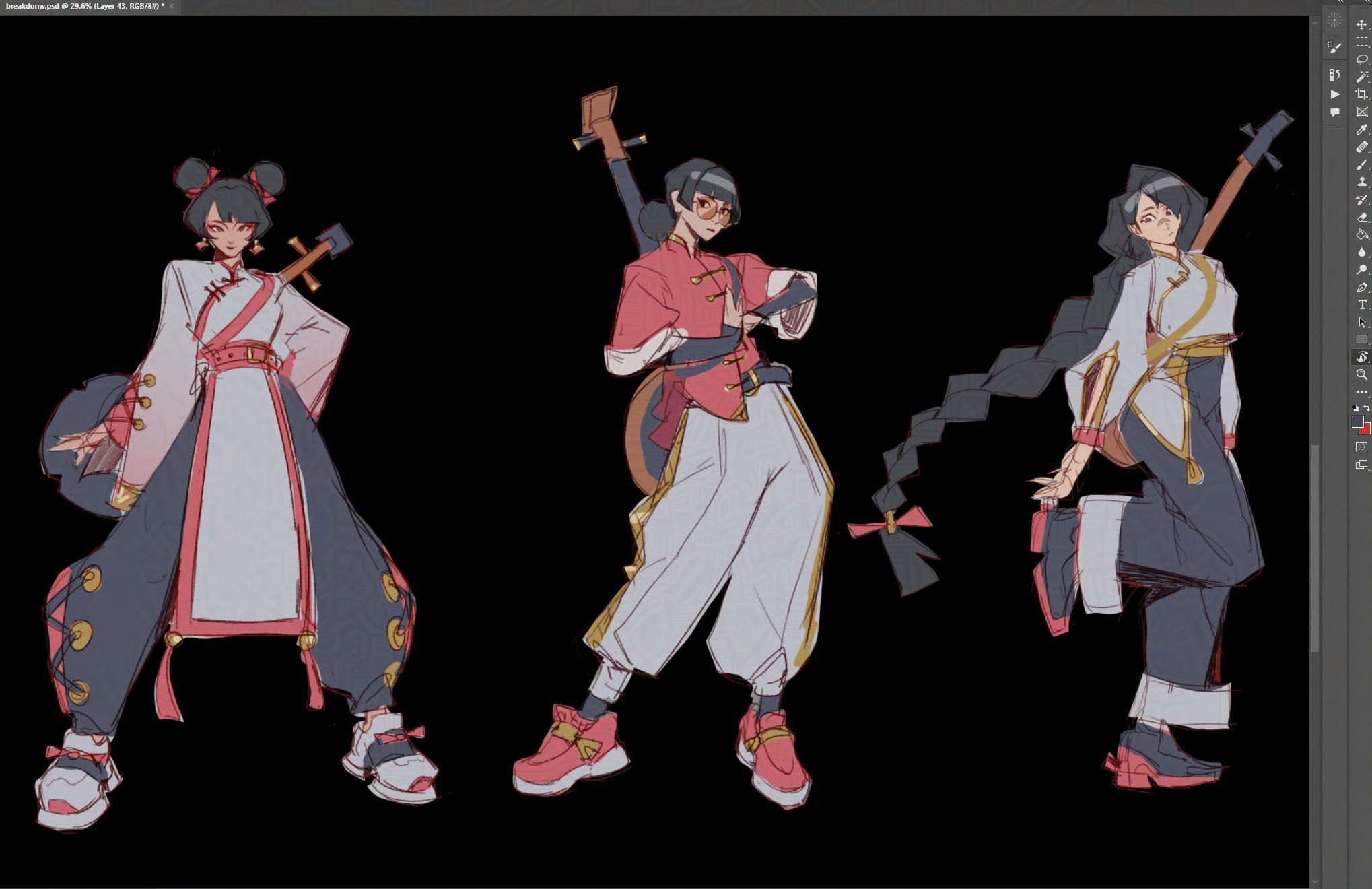 nique, original, highres, 3girls, art program in frame, black background, black hair, black pants, braid, chinese clothes, double bun, dress, fighting stance, full body, glasses, hair bun, instrument, long hair, multiple girls, pants, pelvic curtain, red shirt, red shoes, round eyewear, shirt, shoes, simple background, sketch, standing, standing on one leg, white dress, white pants, yueqin