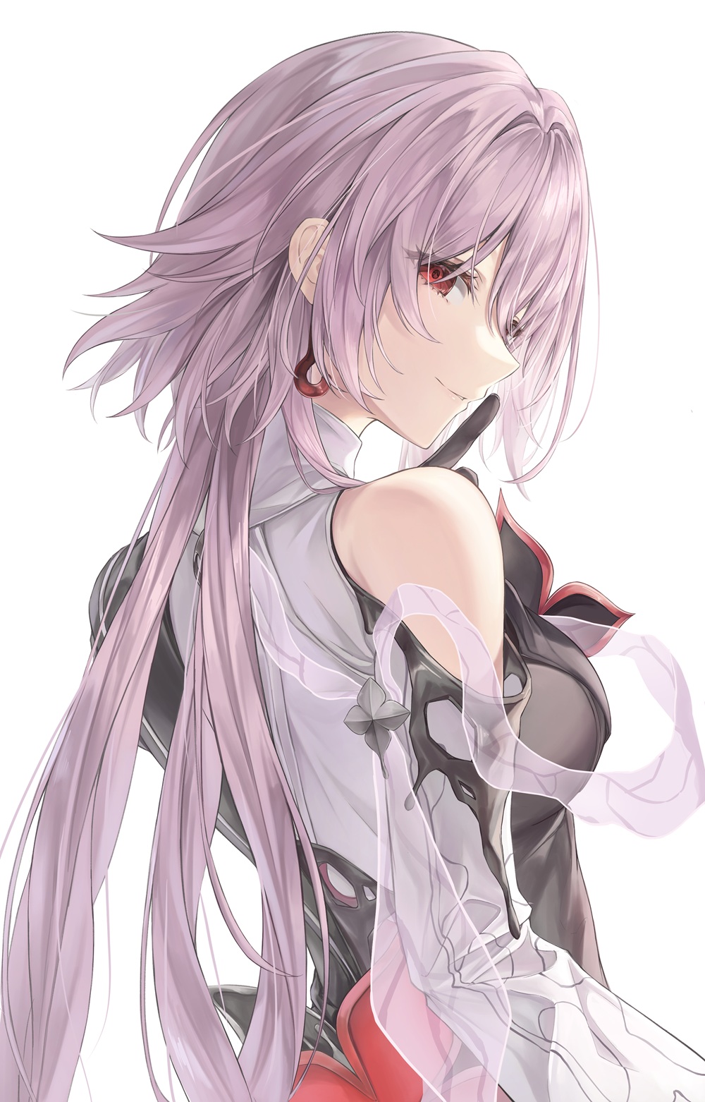 mizuasagi35181, evernight (honkai: star rail), march 7th (honkai: star rail), honkai: star rail, honkai (series), highres, 1girl, closed mouth, earrings, from behind, index finger raised, jewelry, long hair, long sleeves, looking at viewer, looking back, official alternate costume, official alternate eye color, official alternate hair length, official alternate hairstyle, pink hair, red eyes, simple background, single bare shoulder, smile, solo, white background