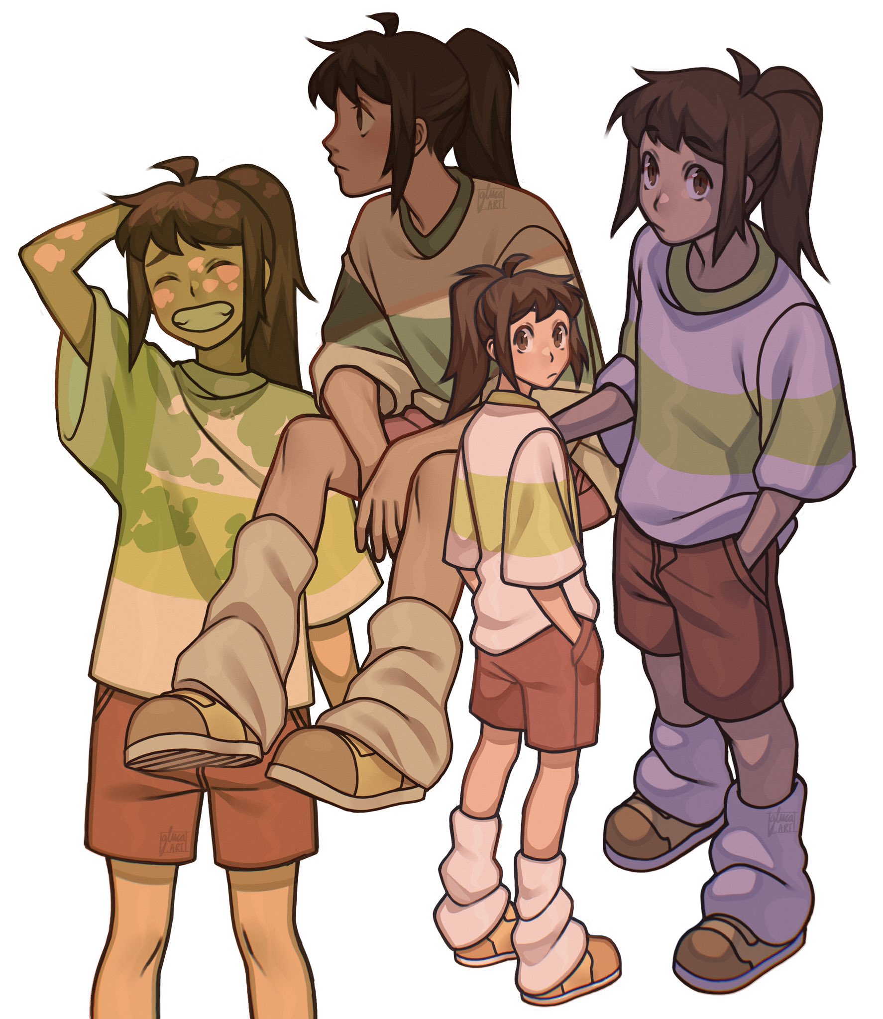 ogino chihiro, sen to chihiro no kamikakushi, highres, 1girl, arm behind head, brown eyes, brown hair, brown shoes, brown shorts, closed eyes, frown, gluca, grin, hands in pockets, loose socks, ponytail, shade, shirt, shoes, shorts, sidelocks, sitting, smile, socks, striped clothes, striped shirt, white socks