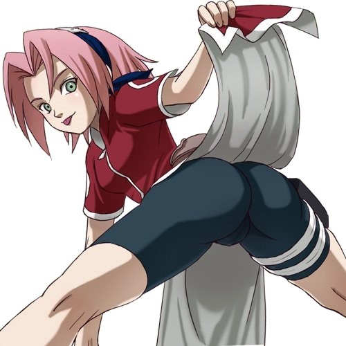 haruyama kazunori, haruno sakura, naruto, lowres, :p, ass, bent over, bike shorts, cameltoe, looking back, pink hair, spandex, spread legs, thighs, tongue