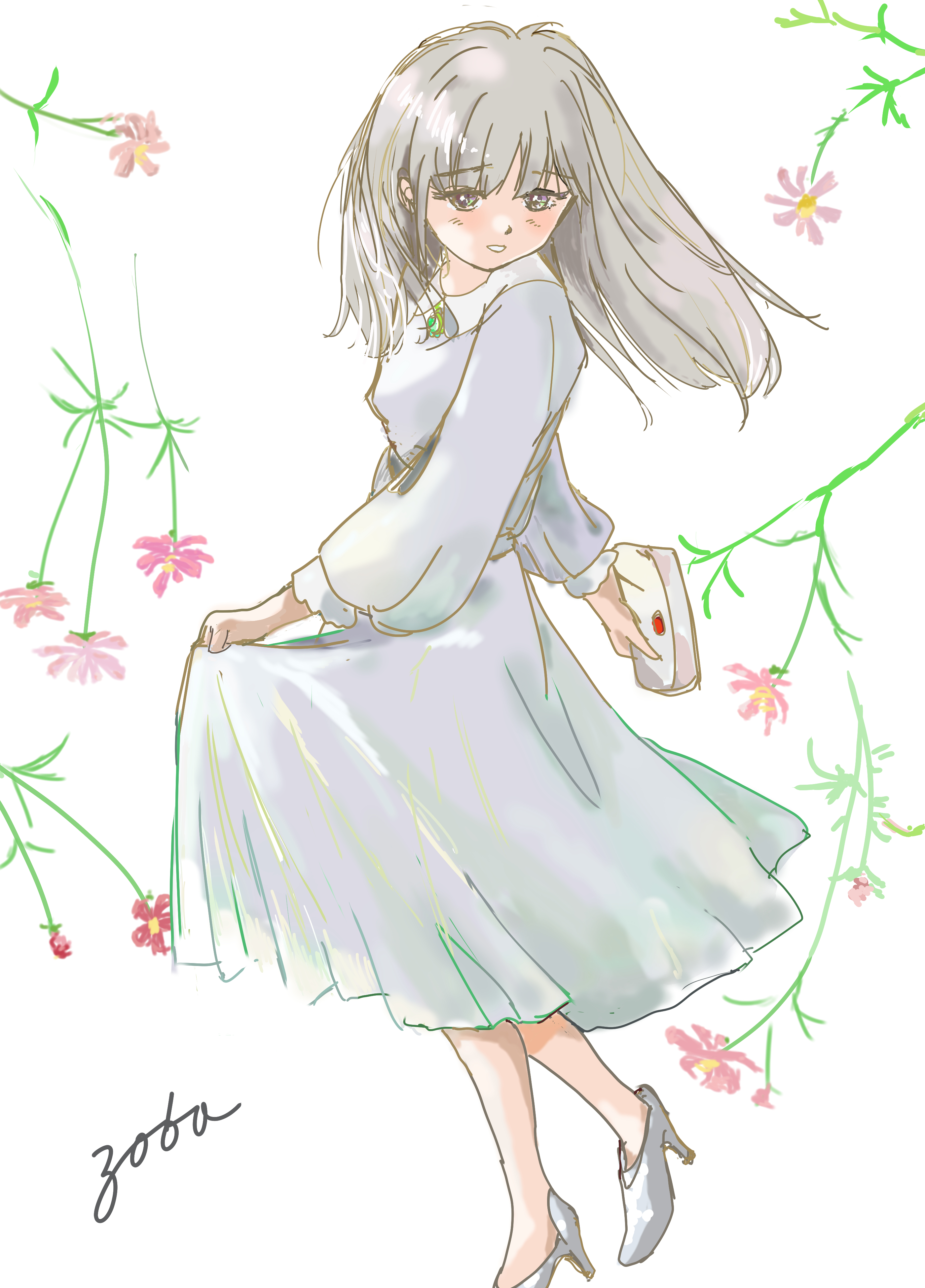 original, absurdres, commentary, highres, 1girl, cosmos (flower), dress, flower, grey hair, high heels, holding, holding letter, letter, long hair, looking at viewer, pink flower, signature, sketch, skirt hold, solo, white dress, zoba57400