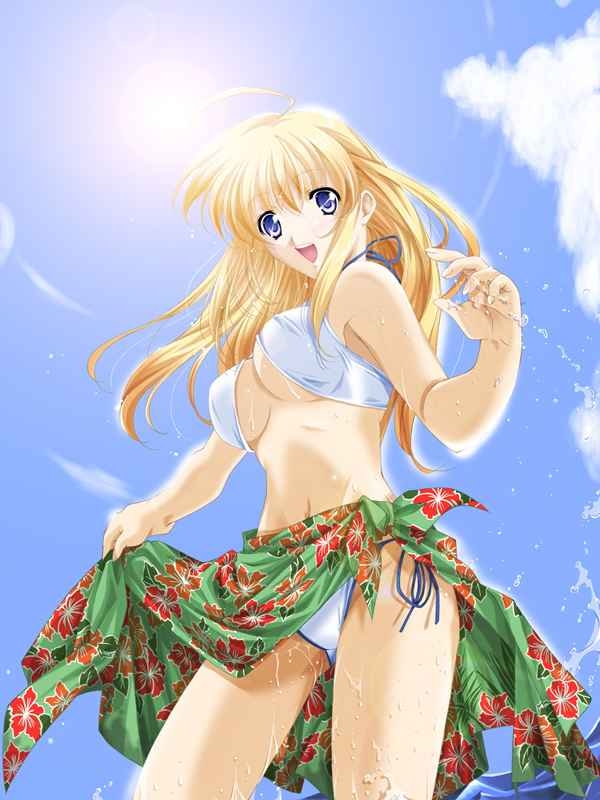 sakuragi hiroyuki, jpeg artifacts, non-web source, 1girl, bikini, blonde hair, blue eyes, female focus, long hair, sarong, solo, splashing, swimsuit, water