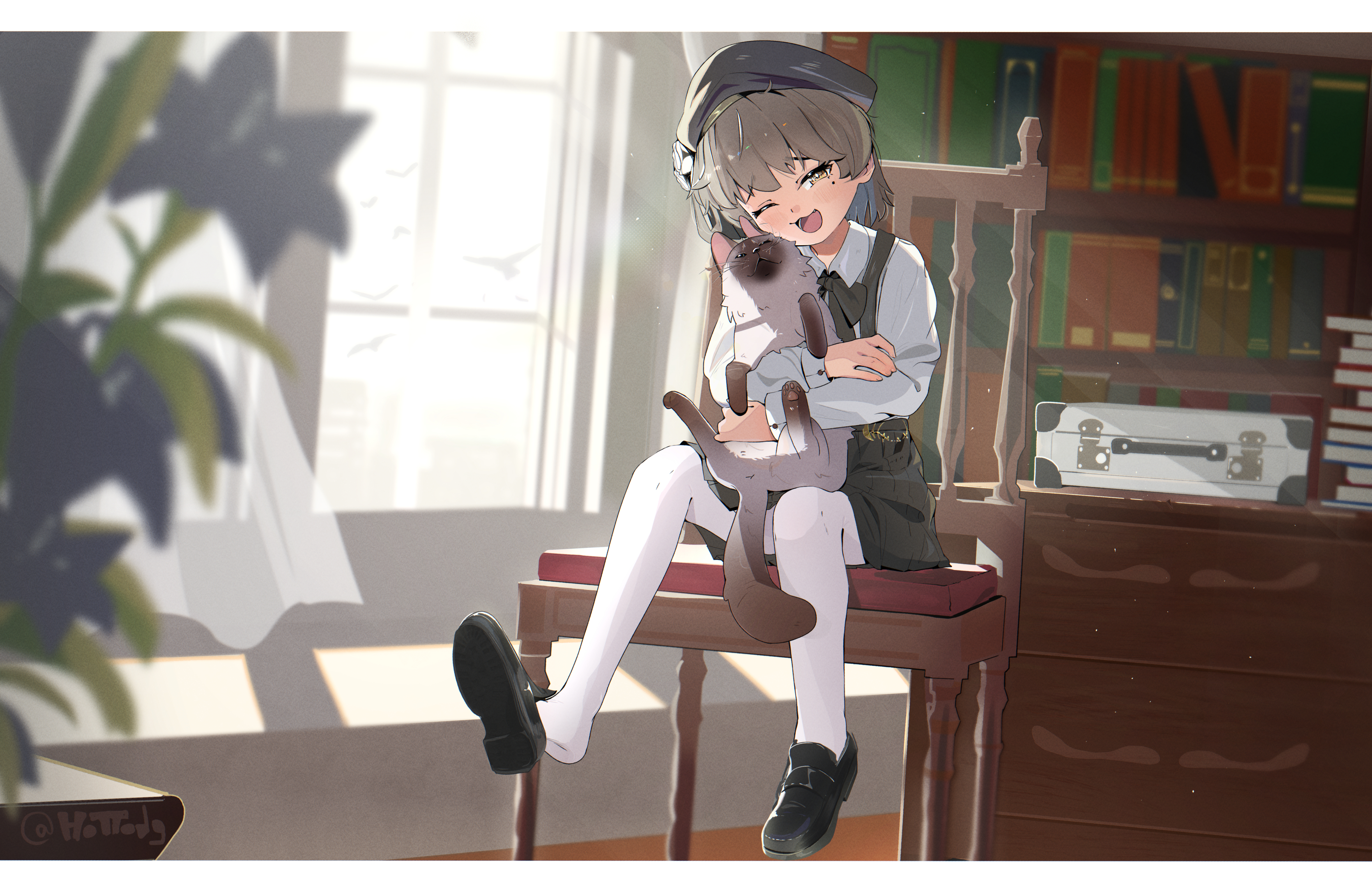 hottodg, hatoba tsugu, tsugu (vtuber), absurdres, commentary, english commentary, highres, 1girl, animal, animal hug, beret, black hat, black shoes, book, book stack, bookshelf, bow, briefcase, brown eyes, brown hair, cat, chair, chest of drawers, day, green bow, green overalls, green skirt, hat, indoors, looking at viewer, medium hair, mole, mole under eye, on chair, one eye closed, open mouth, overalls, pantyhose, plant, potted plant, shirt, shoes, sitting, skirt, smile, sunlight, tongue, virtual youtuber, white pantyhose, white shirt, window