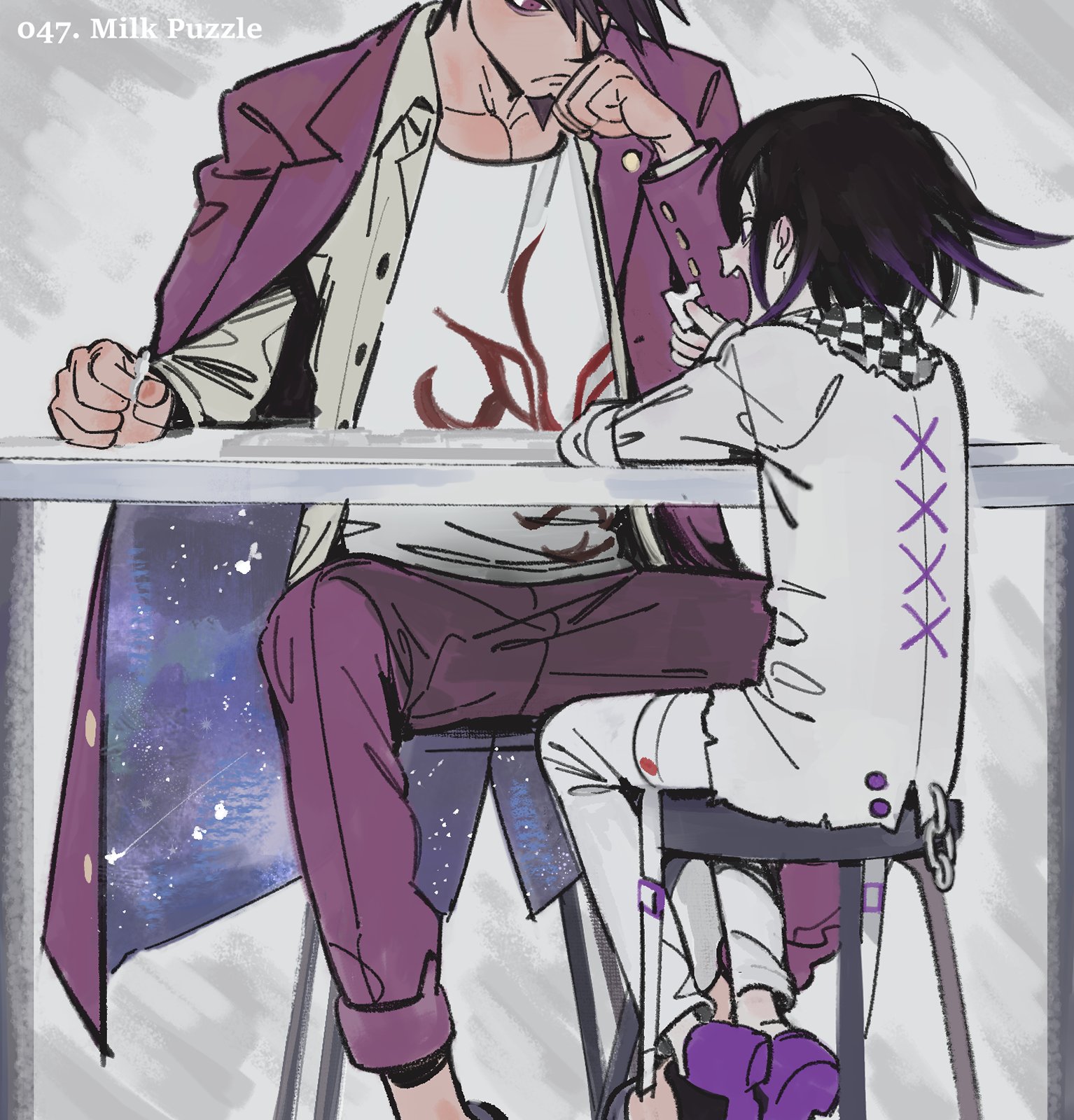 miri (bossu osu), momota kaito, oma kokichi, danganronpa (series), danganronpa v3: killing harmony, commentary, english commentary, highres, 2boys, black hair, buttons, checkered clothes, checkered scarf, collared jacket, cross-laced jacket, english text, facial hair, fang, flipped hair, goatee, hair between eyes, holding puzzle piece, jacket, jigsaw puzzle, legs apart, long sleeves, male focus, medium hair, multiple boys, on stool, open clothes, open mouth, out of frame, pants, pectoral cleavage, pectorals, print shirt, purple eyes, purple facial hair, purple hair, puzzle, puzzle piece, scarf, shirt, short hair, sitting, size difference, smile, space print, spiked hair, starry sky print, stool, table, thigh strap, thinking, two-tone scarf