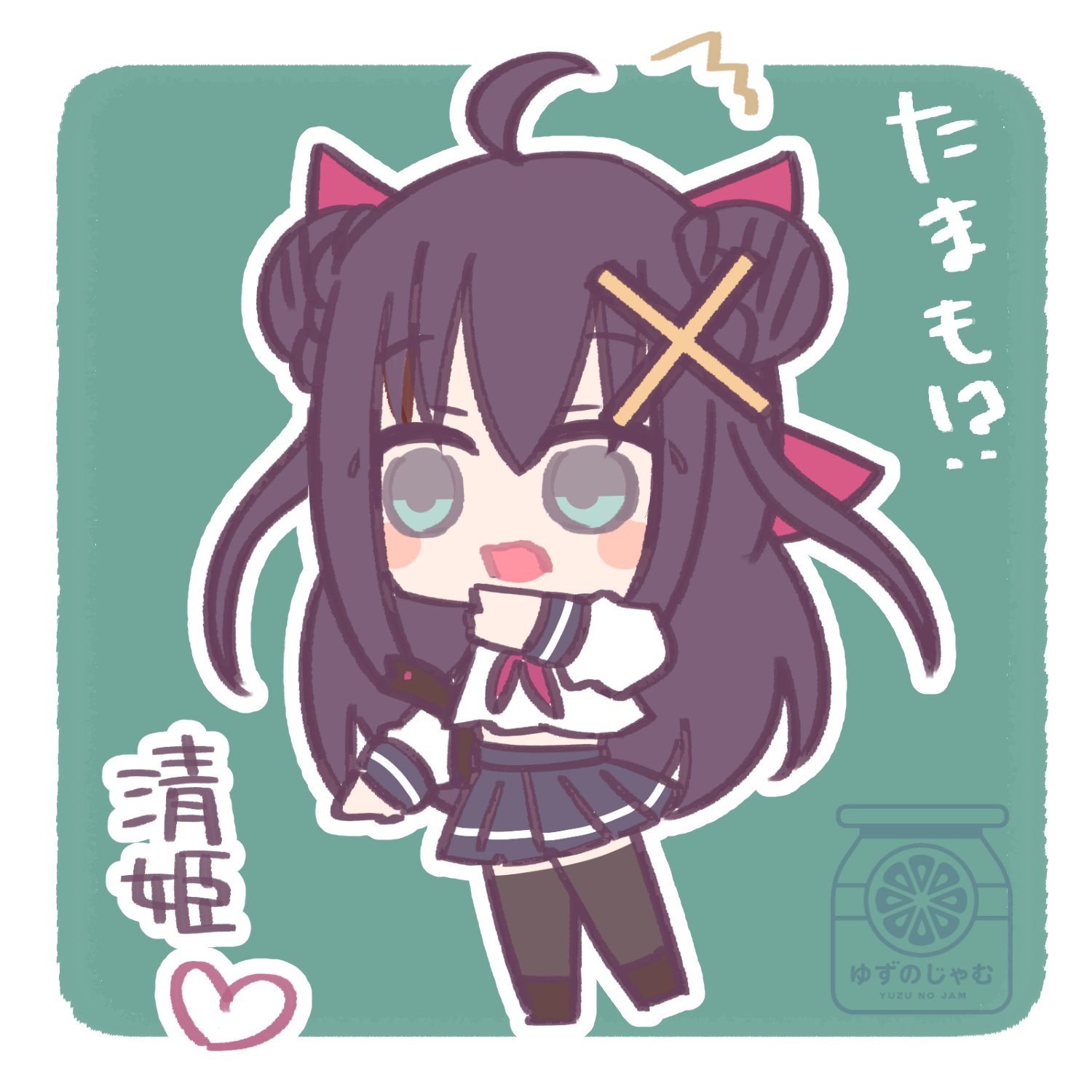 yuzujampot, kiyohime lore, emil chronicle online, highres, 1girl, ahoge, artist name, black boots, black hair, black thighhighs, blue skirt, boots, character name, chibi, cross hair ornament, double bun, green eyes, hair bun, hair ornament, hair ribbon, long hair, official alternate costume, open mouth, pleated skirt, red ribbon, ribbon, school uniform, serafuku, skirt, solo, thighhighs