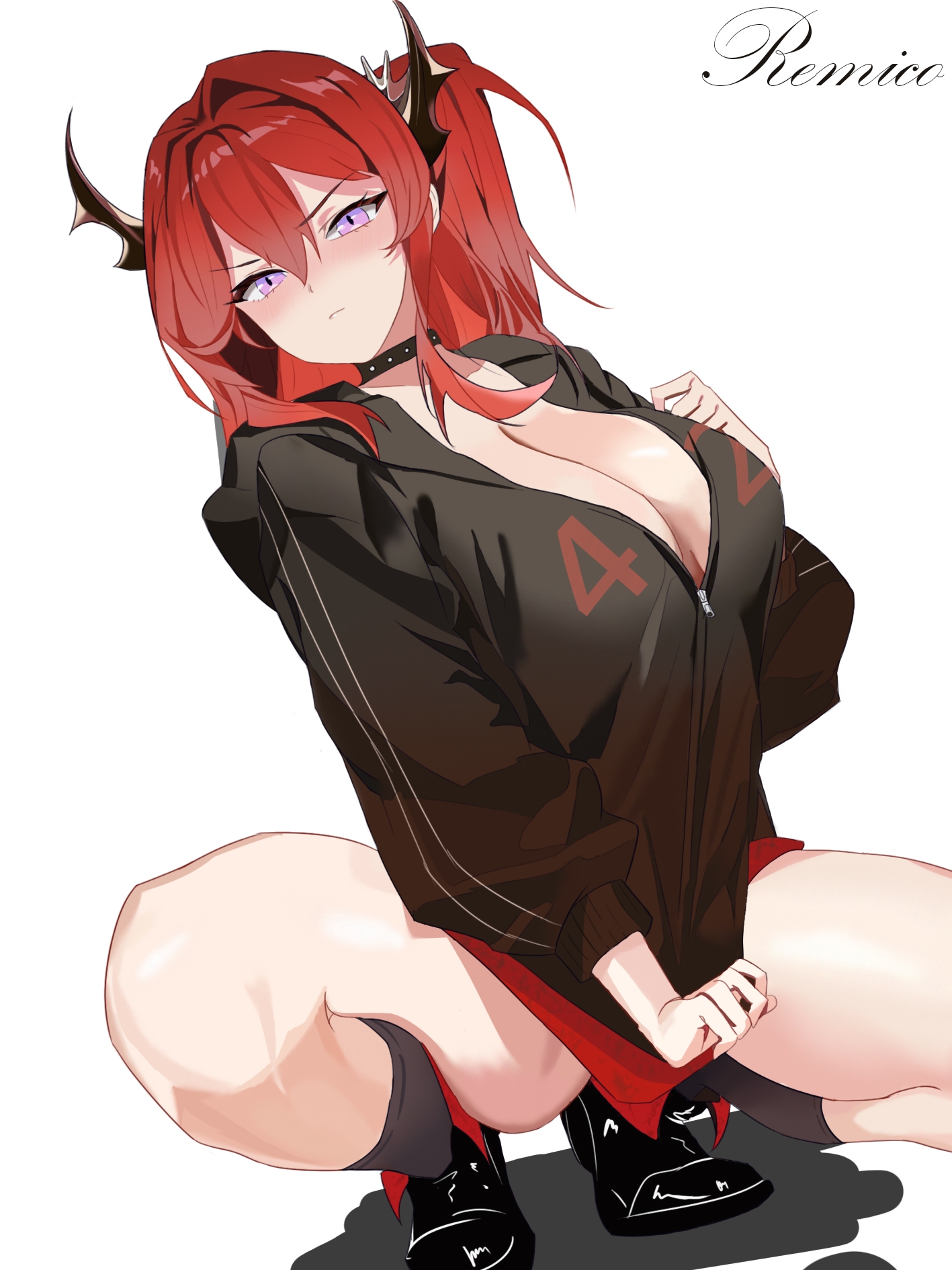 surtr (arknights), arknights, chinese commentary, commentary request, highres, 1girl, artist name, black choker, black jacket, black shoes, black socks, blush, breasts, brown horns, choker, cleavage, closed mouth, full body, hair between eyes, hair intakes, horns, jacket, kneehighs, large breasts, long sleeves, looking at viewer, medium hair, no bra, pink eyes, red hair, remico. (xinjinjumin0869167), shoes, simple background, socks, solo, spread legs, squatting, studded choker, white background, zipper, zipper pull tab