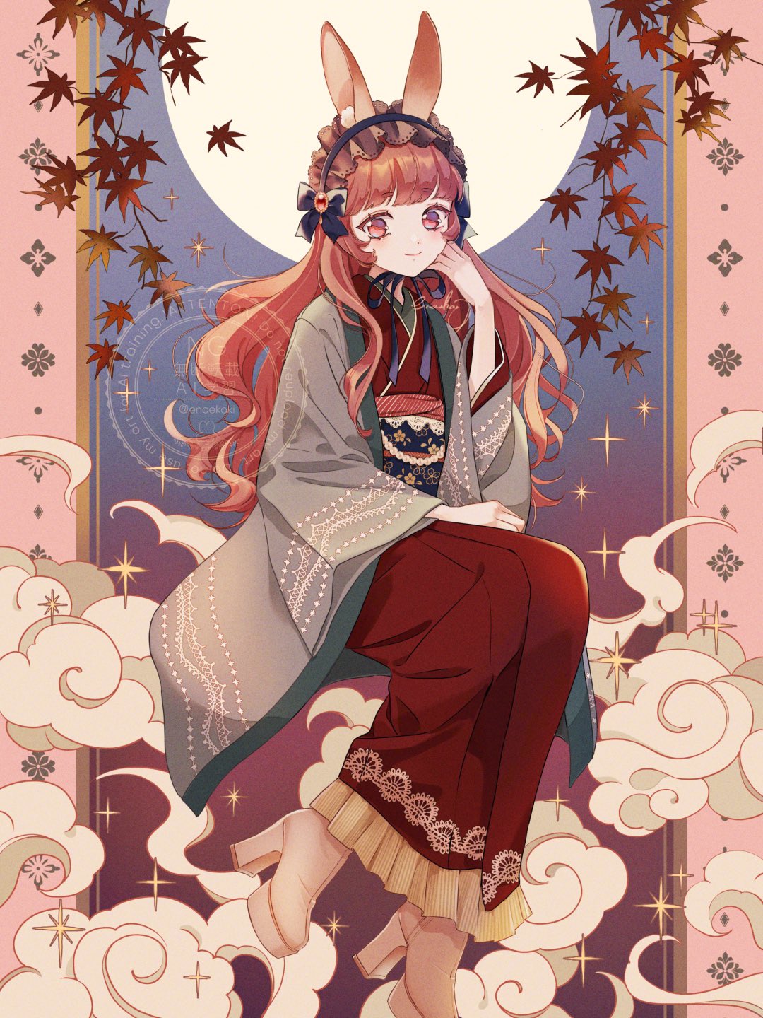 enahamaru, original, commentary, highres, 1girl, animal ears, autumn, autumn leaves, boots, frilled hairband, frills, hairband, high heel boots, high heels, huge moon, invisible chair, japanese clothes, kimono, leaf, long hair, looking at viewer, moon, obi, rabbit ears, rabbit girl, red eyes, red hair, red kimono, sash, sitting, smile, solo, star (symbol), tsukimi, xiangyun