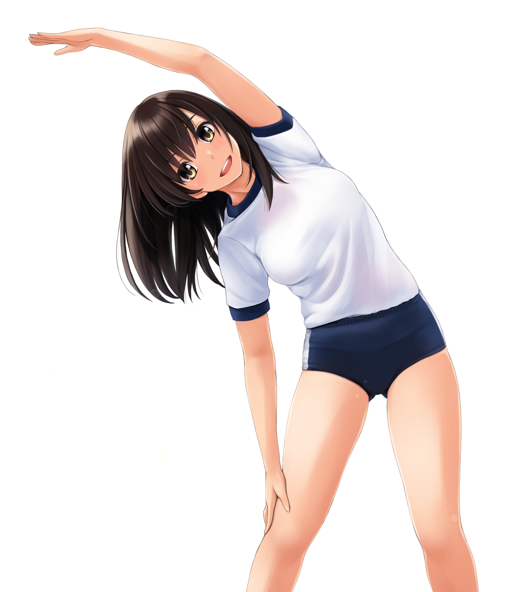 nonaka ritsu, touka (nonaka ritsu), original, commentary request, 1girl, :d, arm up, black hair, blue buruma, buruma, exercising, gym shirt, gym uniform, hand on own knee, looking at viewer, medium hair, open mouth, shirt, short sleeves, simple background, smile, solo, standing, stretching, teeth, thighs, tongue, upper teeth only, white background, white shirt, yellow eyes