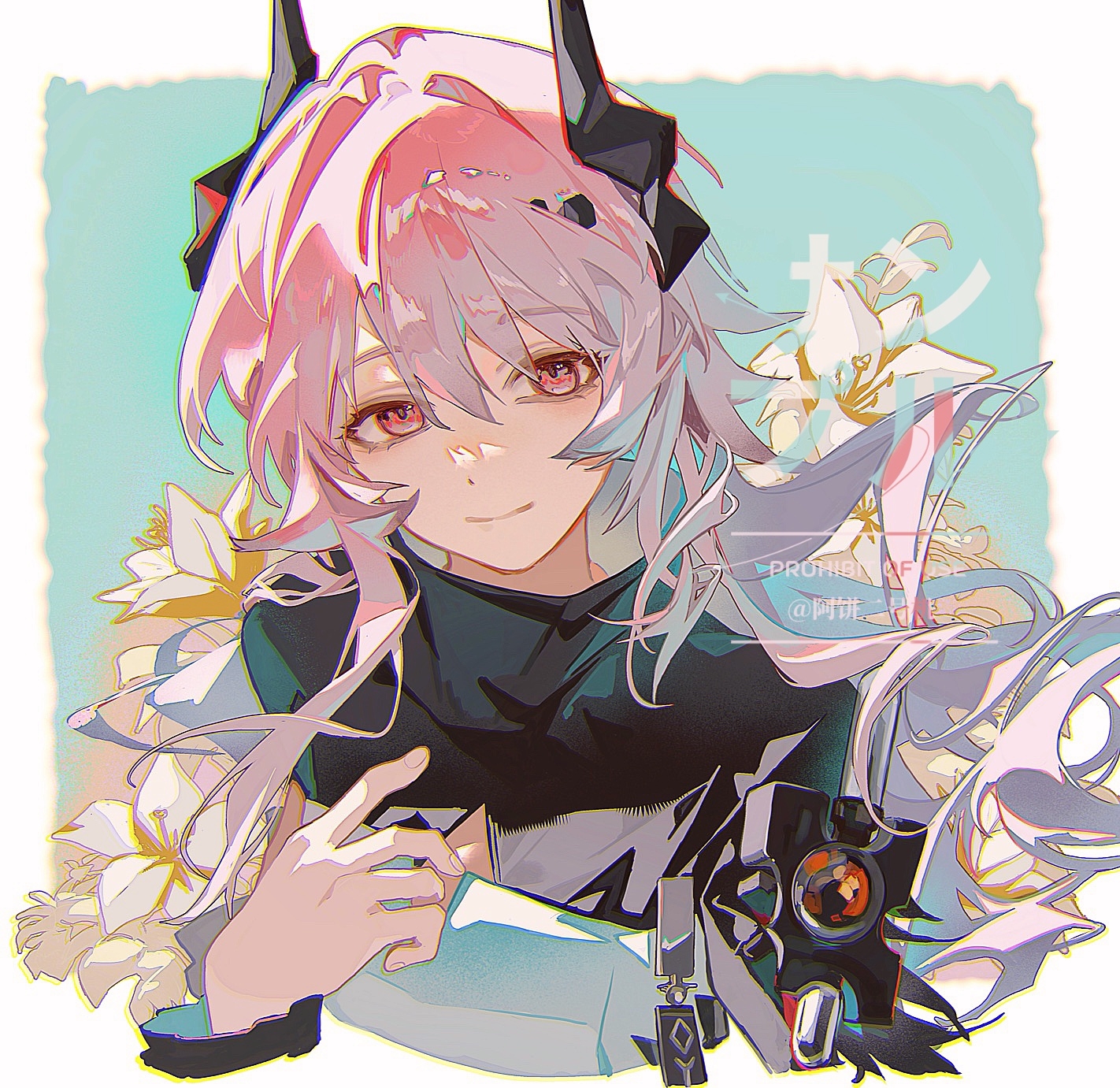 cookie (ppyf5328), theresa (arknights), arknights, chinese commentary, commentary request, highres, 1girl, black horns, blue background, border, chromatic aberration, closed mouth, demon horns, floral background, flower, hair between eyes, hand up, horns, long hair, long sleeves, looking at viewer, outside border, pink eyes, pink hair, smile, solo, upper body, white border, white flower