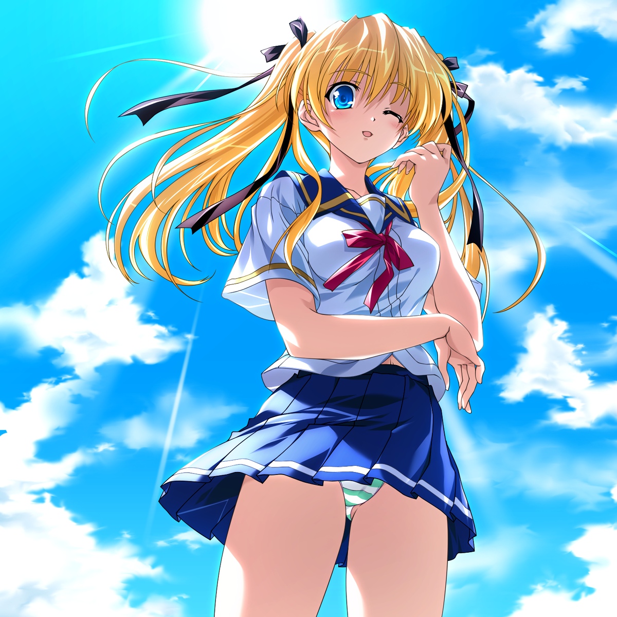 tsukasa yuuki, celes alford, natsumegu, game cg, highres, non-web source, 1girl, blonde hair, blue eyes, day, female focus, hair ribbon, long hair, one eye closed, panties, pantyshot, ribbon, school uniform, skirt, sky, solo, striped clothes, striped panties, sun, twintails, underwear, upskirt, wink