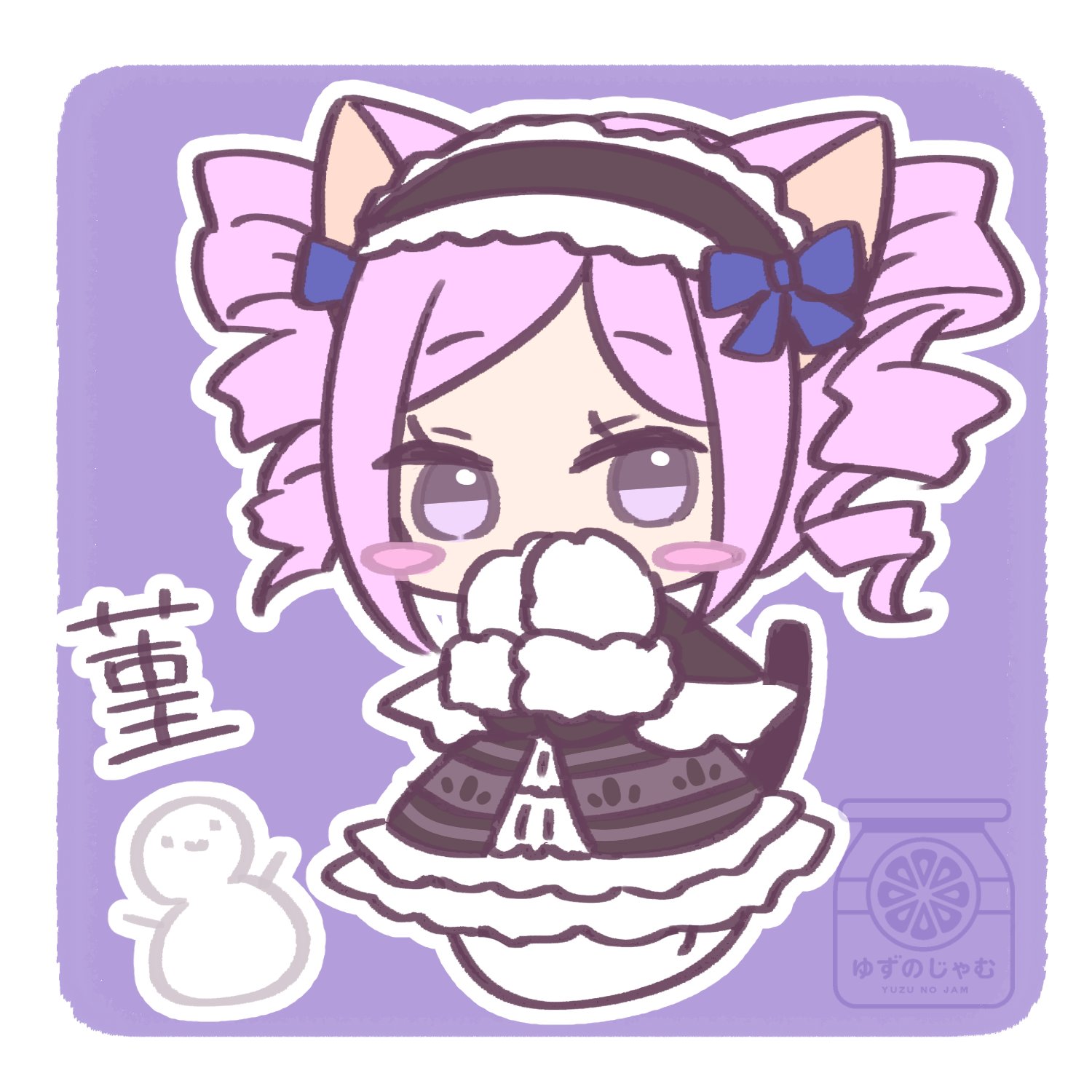 yuzujampot, nekomata sumire, emil chronicle online, highres, 1girl, animal ears, artist name, black capelet, black dress, black hairband, blue ribbon, blush stickers, capelet, cat ears, cat girl, cat tail, character name, chibi, dress, drill hair, frilled dress, frilled hairband, frills, ghost girl, ghost tail, gloves, hairband, official alternate costume, purple eyes, purple hair, ribbon, ribbon-trimmed hairband, solo, tail, twin drills, white gloves
