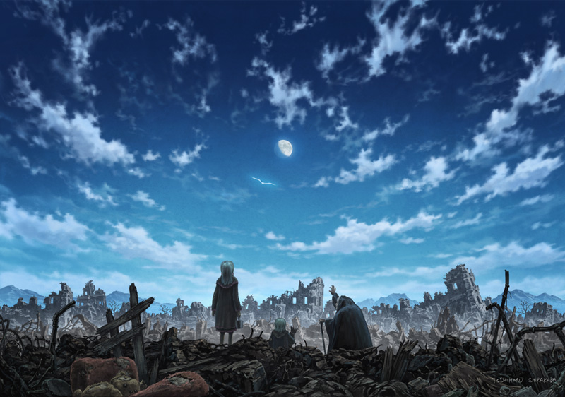 shirakaba toshiharu, usakichi, venus & braves, cloak, cloud, moon, robe, rubble, ruins, scenery, sky