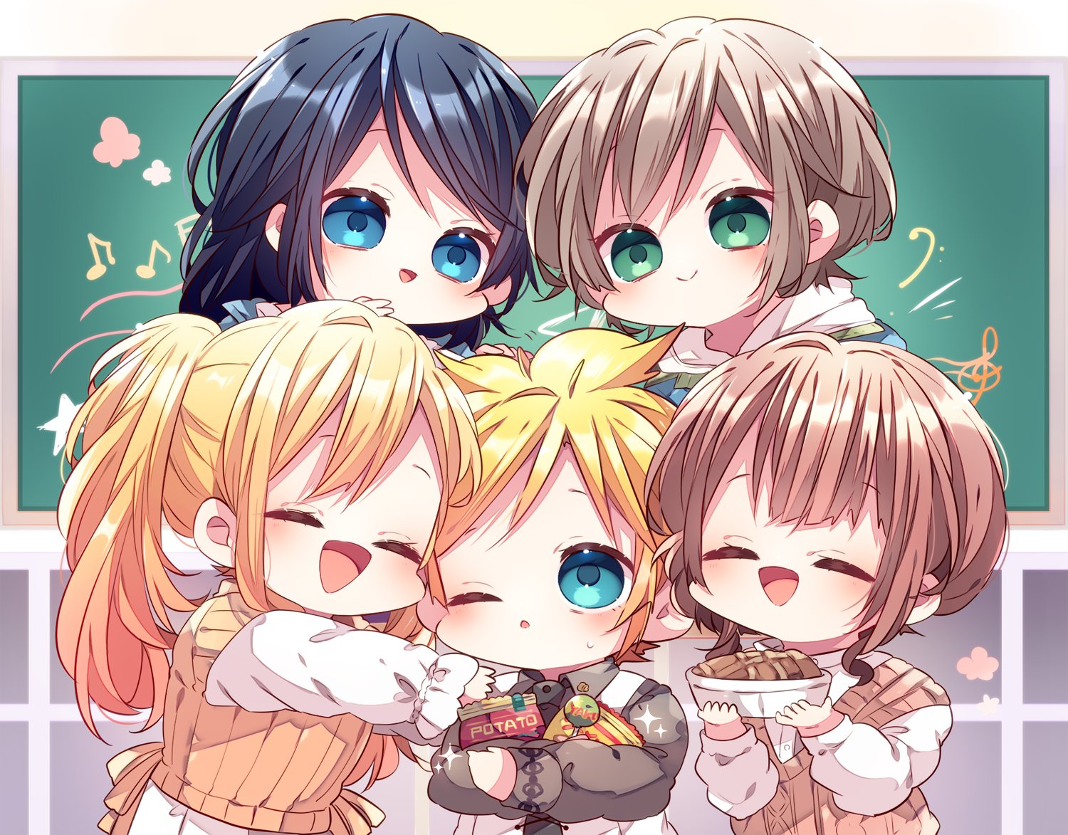 kaho 0102, kagamine len, project sekai, vocaloid, character request, commentary request, 1boy, 4girls, :d, ;o, bag of chips, blonde hair, blue eyes, blue hair, brown hair, chibi, chibi only, closed eyes, closed mouth, food, green eyes, grey shirt, holding, holding food, hood, hood down, hoodie, long hair, long sleeves, multiple girls, musical note, one eye closed, open mouth, orange vest, ponytail, shirt, short hair, smile, upper body, vest, white hoodie, white shirt
