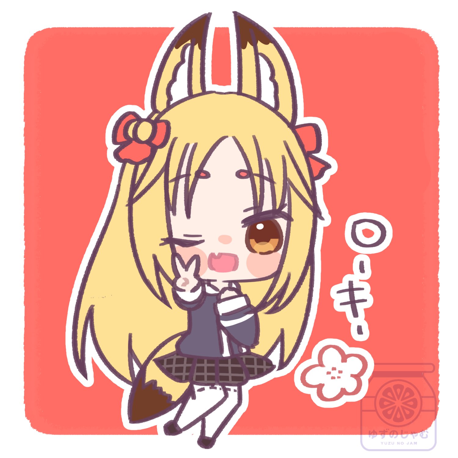 yuzujampot, loki alma, emil chronicle online, highres, 1girl, animal ears, artist name, bell, black shirt, black shoes, black skirt, blonde hair, character name, chibi, facial mark, fang, fox ears, fox girl, fox tail, hair bell, hair ornament, hair ribbon, long hair, one eye closed, open mouth, pleated skirt, ribbon, shirt, shoes, skirt, solo, tail, thighhighs, v, white thighhighs, yellow eyes