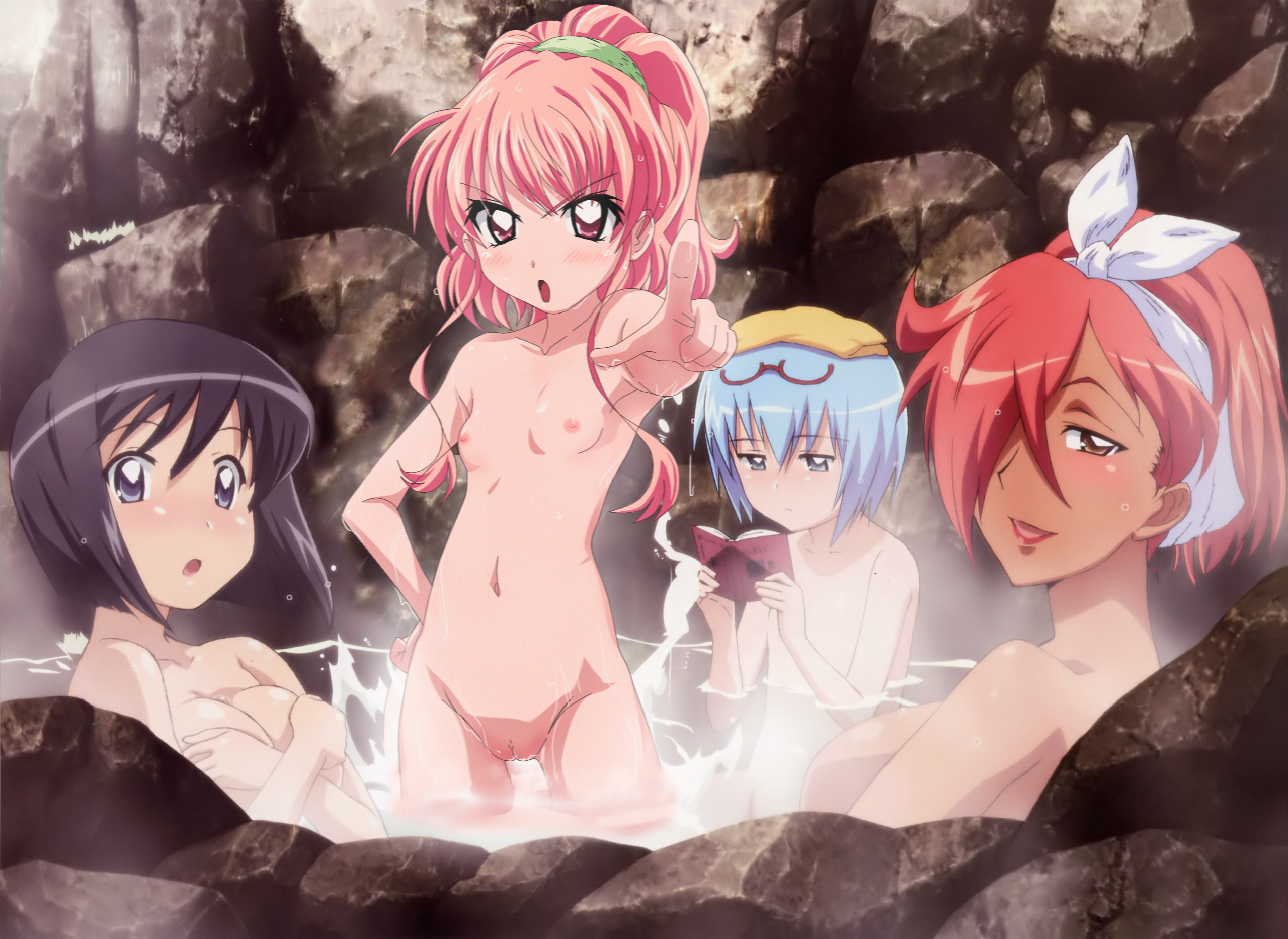 kirche augusta frederica von anhalt zerbst, louise francoise le blanc de la valliere, siesta (zero no tsukaima), tabitha (zero no tsukaima), zero no tsukaima, artist request, highres, nude filter, third-party edit, 00s, 4girls, bath, black hair, blue eyes, blue hair, brown eyes, cleft of venus, flat chest, multiple girls, nipples, nude, onsen, pink eyes, pink hair, pussy, red hair, thigh gap, thighs, uncensored, water