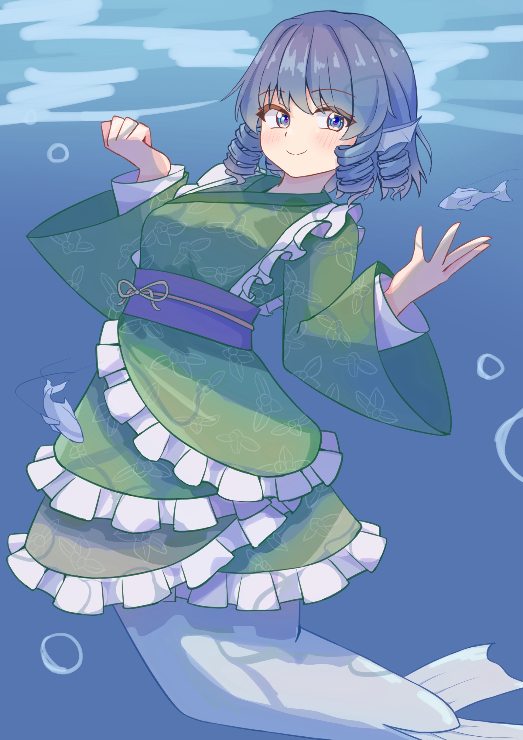 nora koutya, wakasagihime, touhou, absurdres, commentary request, highres, 1girl, air bubble, animal, blue eyes, blue hair, bubble, drill hair, fins, fish, fish tail, frilled kimono, frills, green kimono, head fins, japanese clothes, kimono, looking at viewer, mermaid, monster girl, obi, print kimono, purple sash, sash, solo, tail, underwater