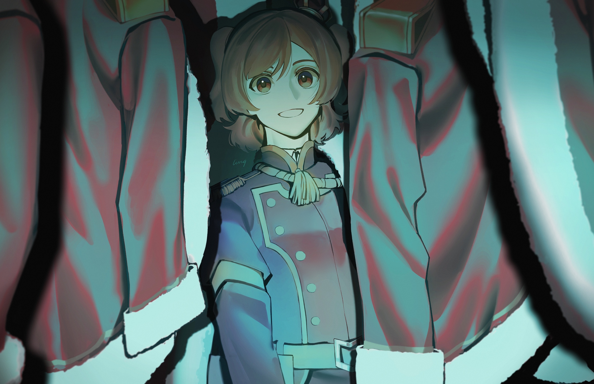 ling (chaaaaanhikari), aijou karen, shoujo kageki revue starlight, commentary, english commentary, highres, 1girl, :d, artist name, belt, blue jacket, brown eyes, brown hair, crown, epaulettes, fur-trimmed jacket, fur trim, grey belt, grin, indoors, jacket, long sleeves, looking at viewer, mini crown, multicolored jacket, open mouth, red jacket, shadow, smile, solo, standing, tassel, tilted headwear, two-tone jacket, two side up, unworn jacket, upper body