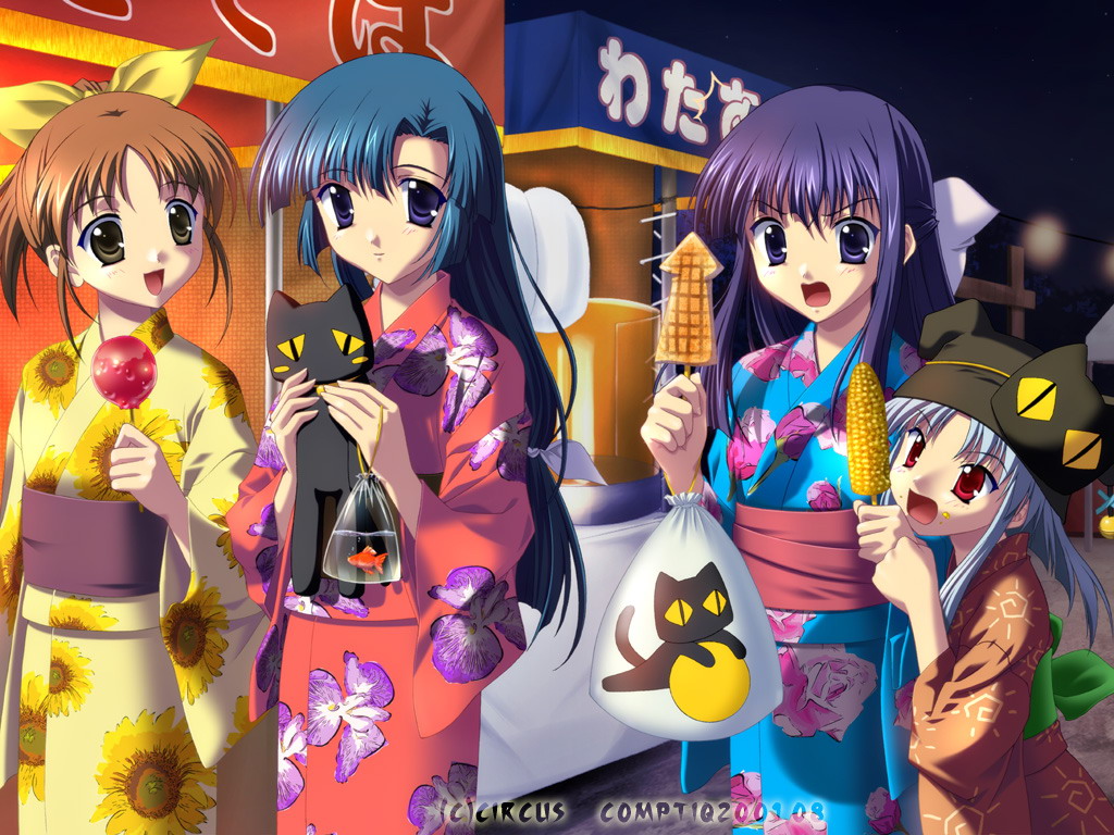 archimedes (suika), masaki akane, minase itsuki, nanashi no shoujo, shirakawa sayaka, suika (visual novel), 00s, 4girls, apple, bag, blue eyes, blue hair, brown hair, candy apple, cat, corn, festival, fish, floral print, food, fruit, goldfish, green eyes, ikayaki, japanese clothes, kimono, long hair, multiple girls, ponytail, purple hair, red eyes, short hair, watermark, white hair, yukata