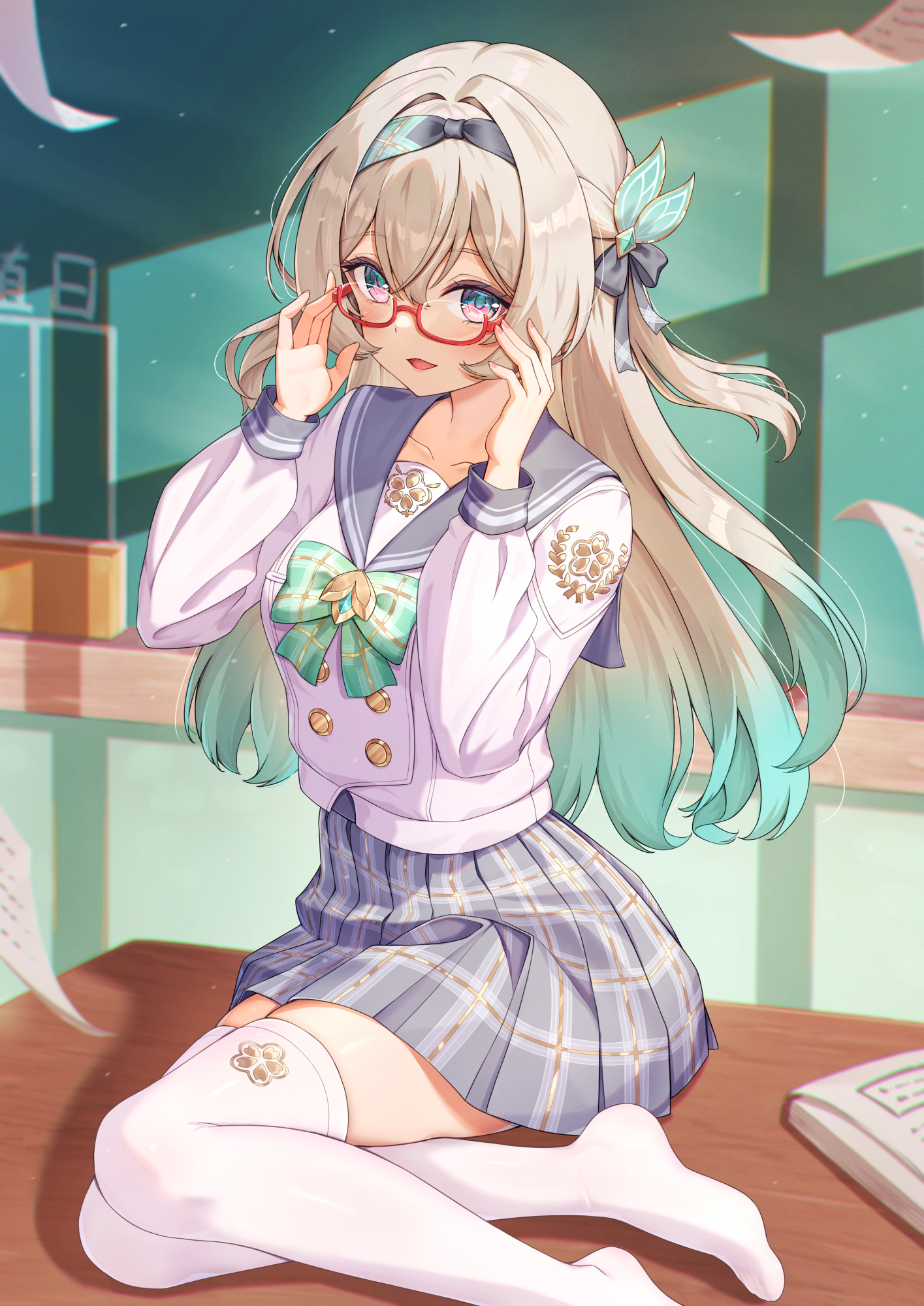 jinyc yilan, firefly (honkai: star rail), firefly (spring missive) (honkai: star rail), honkai: star rail, honkai (series), highres, 1girl, black hairband, bow, bowtie, gradient hair, green bow, green bowtie, grey hair, grey skirt, hair between eyes, hairband, long hair, long sleeves, multicolored hair, plaid clothes, sailor collar, school uniform, shirt, skirt, solo, thighhighs, white shirt, white thighhighs