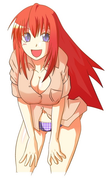 kuwahara sayako, bamboo blade, 00s, 1girl, breasts, cleavage, dress shirt, female focus, large breasts, long hair, panties, purple eyes, red hair, shirt, solo, underwear