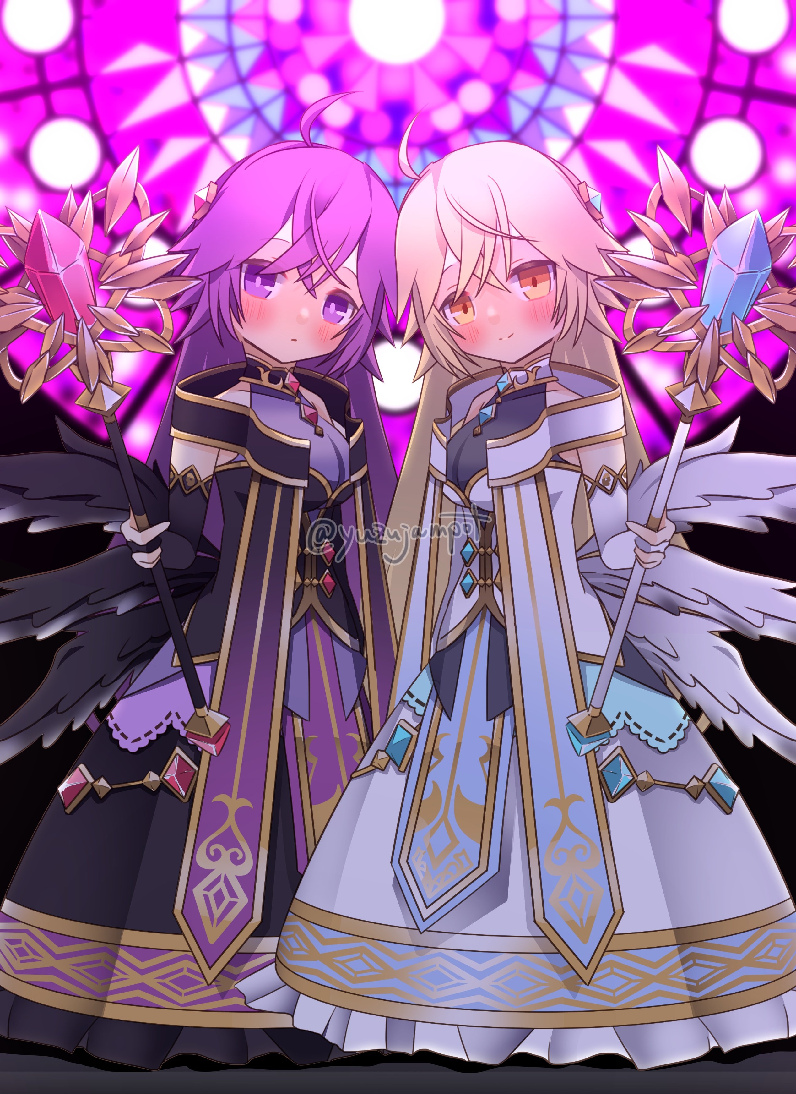 yuzujampot, emil chronicle online, absurdres, highres, ahoge, black corset, black gloves, black jacket, black skirt, black wings, blonde hair, blush, breasts, corset, dual persona, elbow gloves, gloves, holding, holding wand, jacket, looking at viewer, lucifer (eco), medium breasts, multiple wings, purple eyes, purple hair, purple shirt, shirt, skirt, sleeveless, sleeveless shirt, stained glass, twitter username, wand, white corset, white jacket, white skirt, wings, yellow eyes