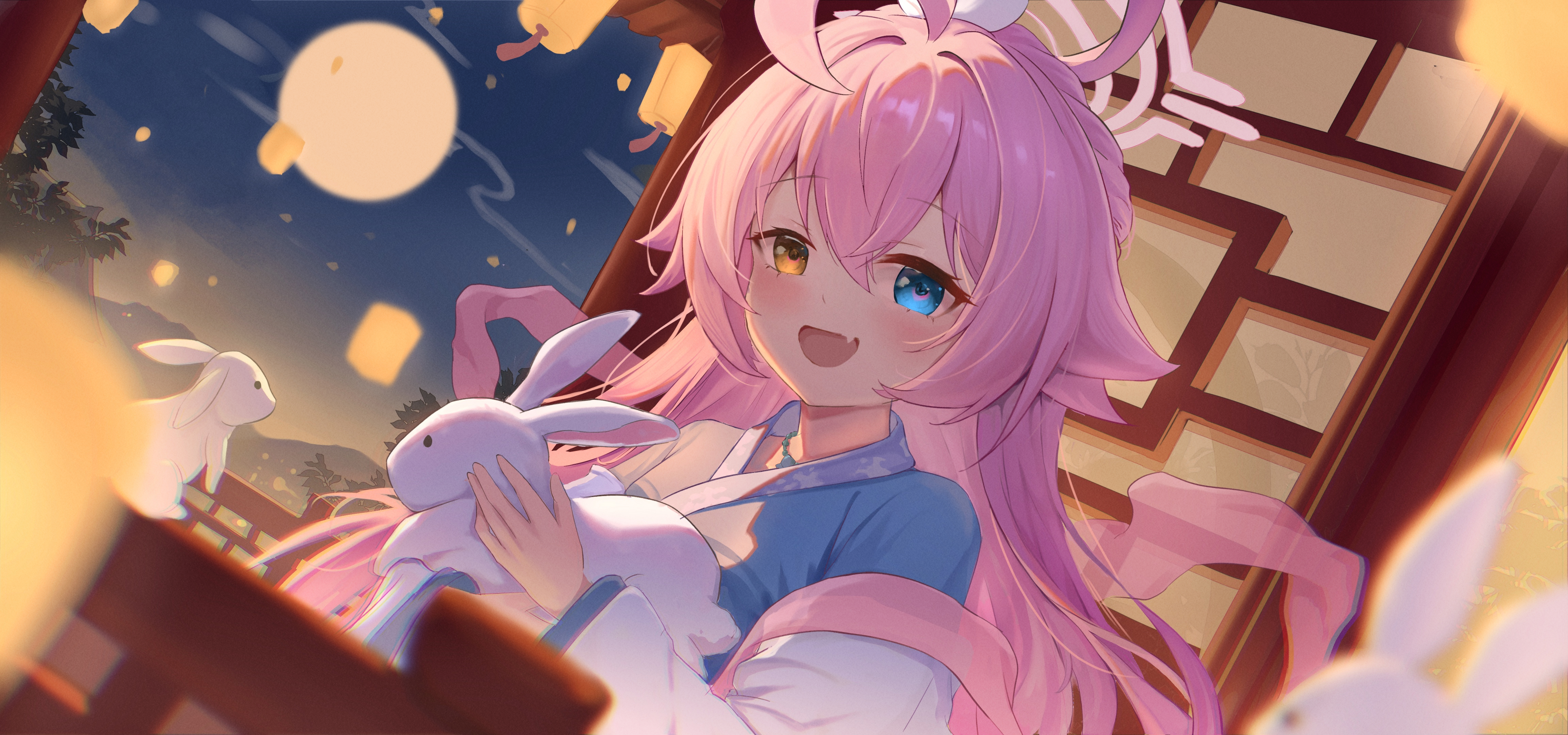 hoshino (blue archive), blue archive, original, absurdres, highres, chinese clothes, full moon, moon, rabbit