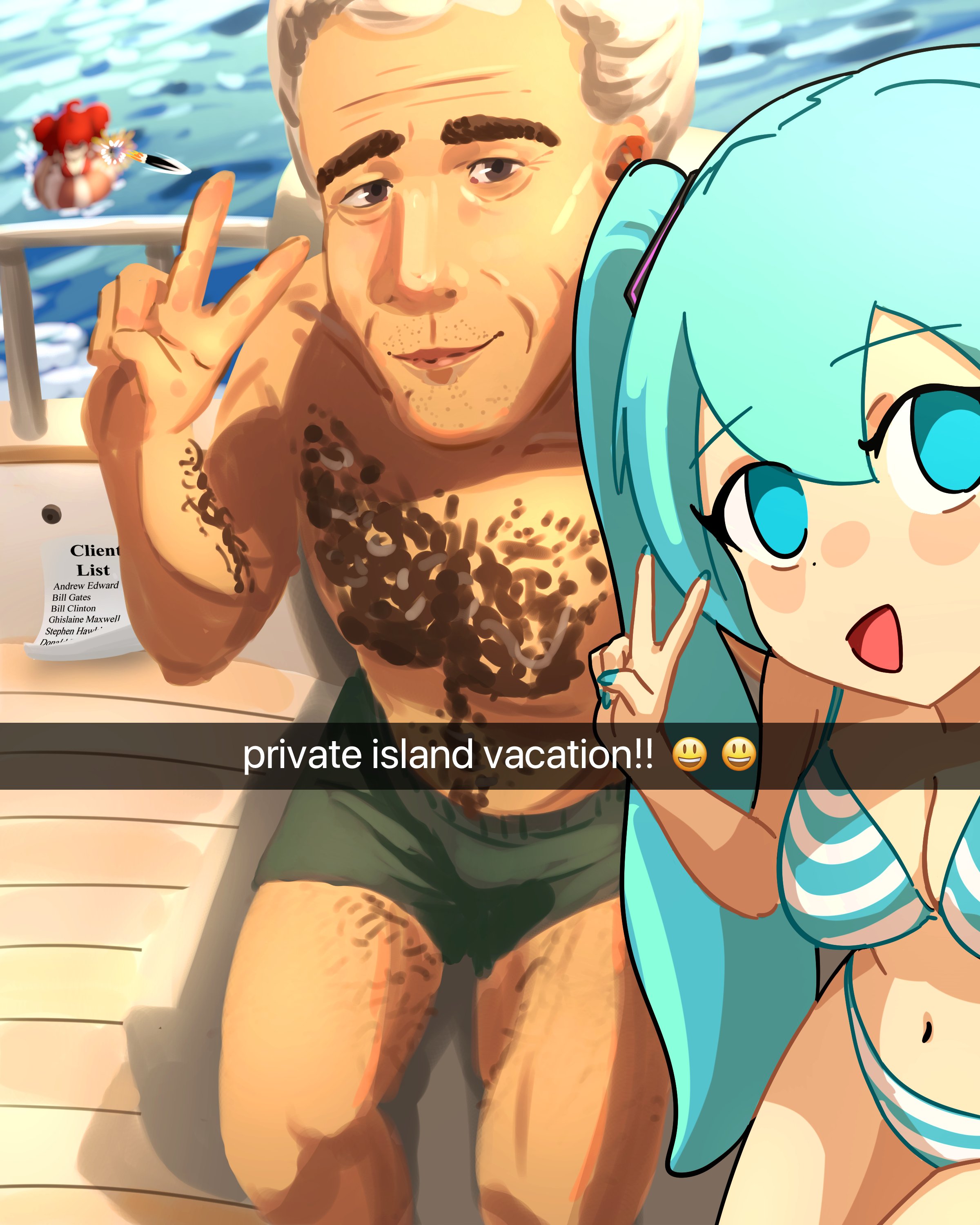 hatsune miku, jeffrey epstein, kasane teto, real life, utau, vocaloid, absurdres, commentary, english commentary, highres, 1boy, 1girl, :d, bikini, blue bikini, blue eyes, blue nails, breasts, chest hair, closed mouth, english text, khyle. (style), long hair, looking at viewer, medium breasts, nail polish, navel, open mouth, rivetingroast, selfie, sitting, smile, striped bikini, striped clothes, swimsuit, twintails, v, very long hair