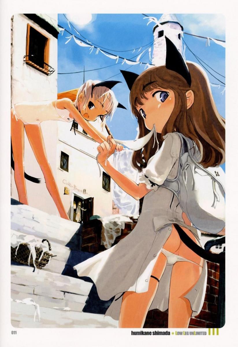 shimada fumikane, strike witches, world witches series, highres, 00s, 3girls, animal ears, artist name, ass, bent over, blue eyes, flat chest, from behind, from below, kunreishiki, laundry, looking at viewer, looking back, lowleg, lowleg panties, mouth hold, multiple girls, one-piece tan, outdoors, page number, panties, panties in mouth, panty pull, pussy, pussy peek, romaji text, sideways mouth, skindentation, skinny, stairs, tail, tan, tanline, tower, underwear