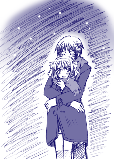 yuubararin, kyon, suzumiya haruhi, suzumiya haruhi no yuuutsu, 00s, 1boy, 1girl, blush, coat, hetero, hug, monochrome, purple theme, scarf, sketch