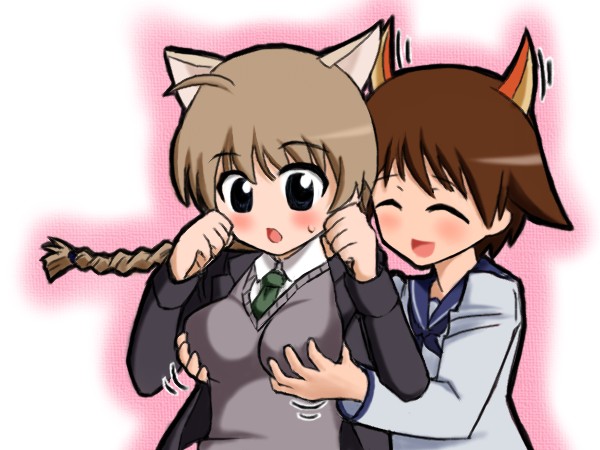 lynette bishop, miyafuji yoshika, strike witches, world witches series, bad id, bad pixiv id, 00s, 2girls, animal ears, breasts, grabbing another's breast, groping, medium breasts, multiple girls