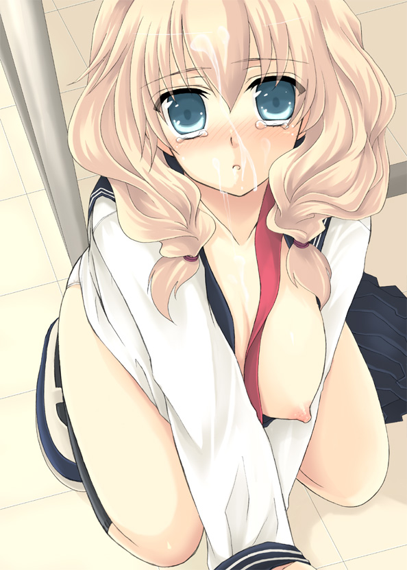 sakurai unan, original, bad id, bad pixiv id, 1girl, blonde hair, blue eyes, breasts, cum, cum on body, cum on hair, facial, female focus, kneeling, large breasts, long hair, open clothes, open shirt, school uniform, serafuku, shirt, solo, tears