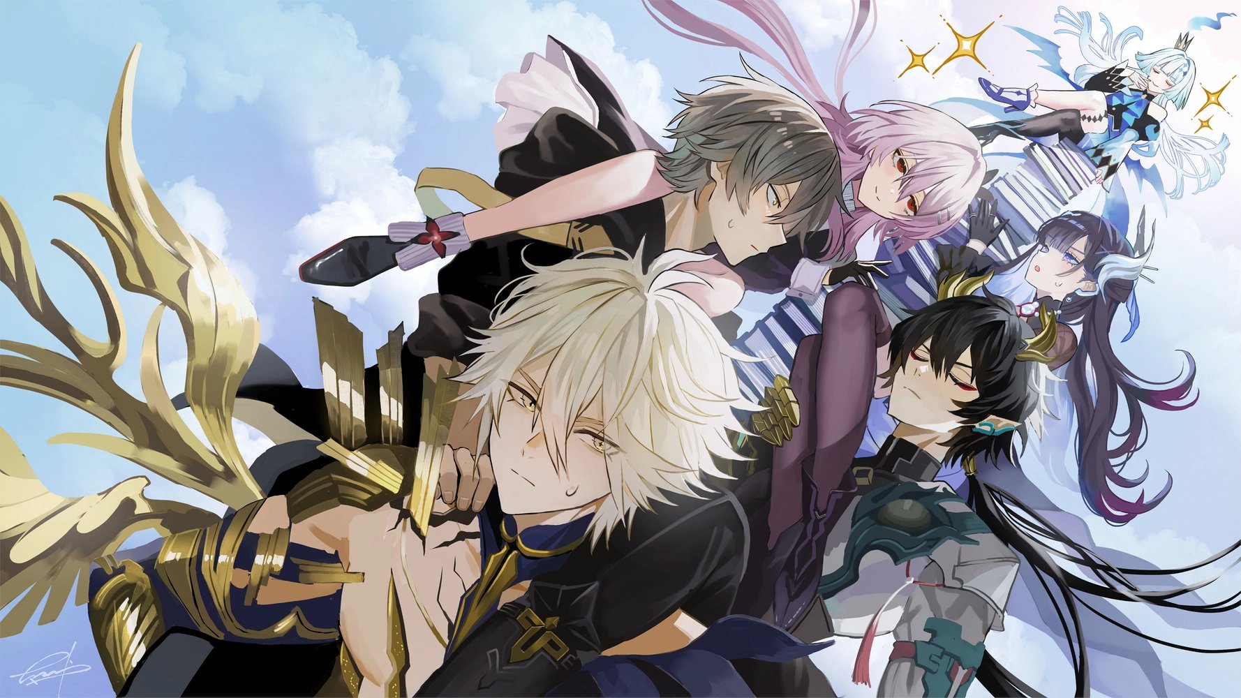 maria (maria rose), caelus (honkai: star rail), cerydra (honkai: star rail), dan heng (honkai: star rail), dan heng (permansor terrae) (honkai: star rail), evernight (honkai: star rail), hysilens (honkai: star rail), march 7th (honkai: star rail), phainon (honkai: star rail), phainon (khaslana) (honkai: star rail), trailblazer (honkai: star rail), honkai: star rail, honkai (series), highres, 3boys, 3girls, antenna hair, asymmetrical sleeves, black hair, blonde hair, book, choker, closed eyes, cloud, cloudy sky, collar, cracked skin, crossed legs, crown, dragon horns, gloves, gradient hair, grey hair, guest art, hair between eyes, hair ornament, high heels, horns, long hair, low ponytail, mini crown, mismatched sleeves, multicolored hair, multiple boys, multiple girls, pants, pink hair, pointy ears, ponytail, red eyes, shoes, sky, sparkle, thigh strap, thighhighs, white hair, wings, yellow eyes