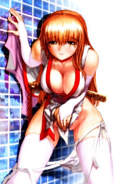 ebina souichi, kasumi (doa), dead or alive, tecmo, 1girl, against wall, blush, breasts, brown eyes, cleavage, embarrassed, female focus, female masturbation, fingerless gloves, gloves, hip focus, katana, large breasts, long hair, looking at viewer, masturbation, ninja, orange hair, panties, panty pull, pelvic curtain, side-tie panties, solo, sword, thick thighs, thighhighs, thighs, tile wall, tiles, underwear, very long hair, weapon, weapon on back, white panties, wide hips