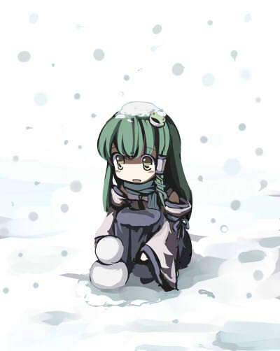 gatau, kochiya sanae, touhou, 1girl, female focus, full body, green hair, hair ornament, outdoors, sitting, snow, snowman, solo, yellow eyes