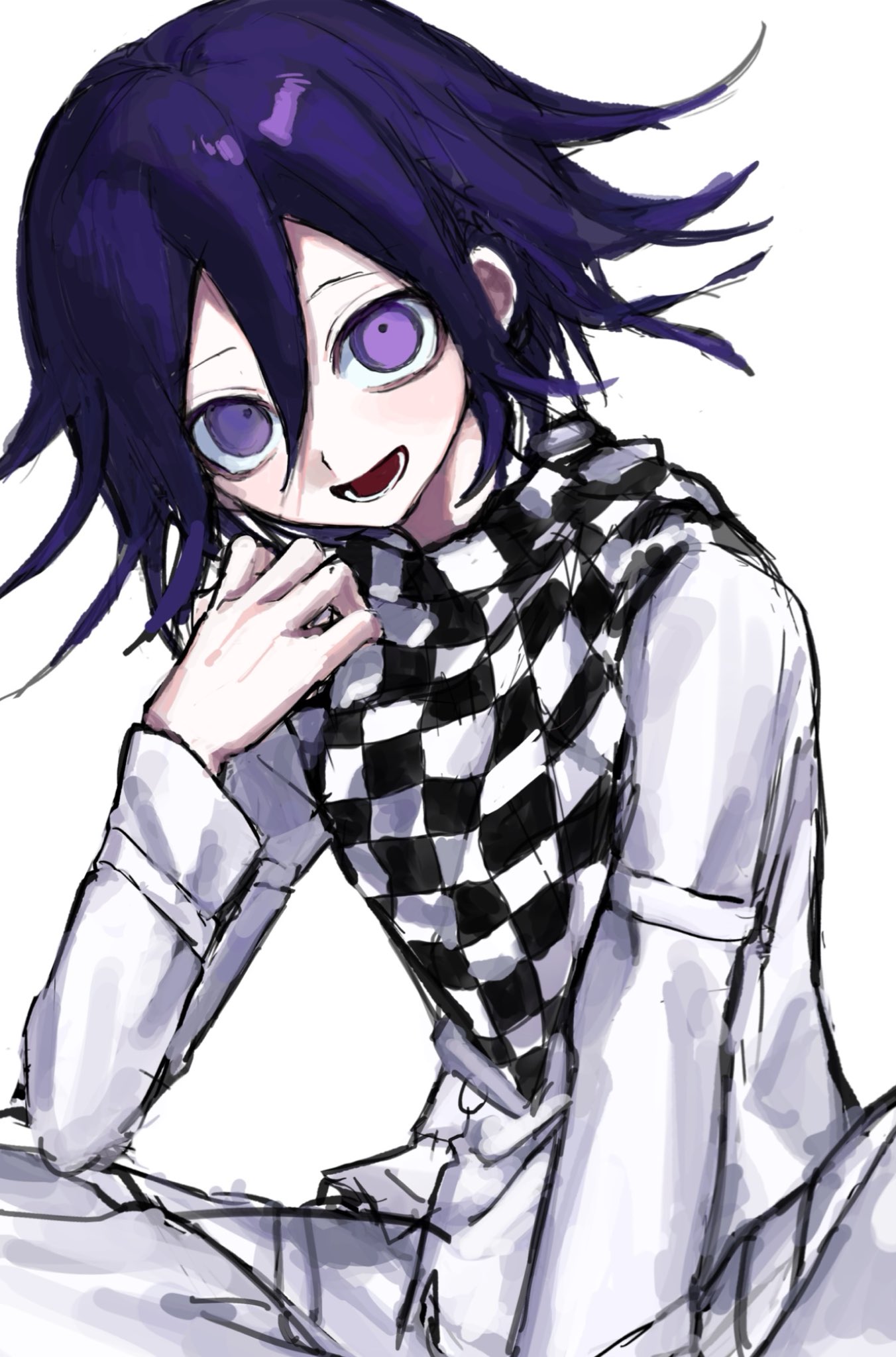 waguwagu090908, oma kokichi, danganronpa (series), danganronpa v3: killing harmony, commentary request, highres, korean commentary, 1boy, blush, checkered clothes, checkered scarf, flipped hair, hair between eyes, long sleeves, looking at viewer, lower teeth only, male focus, medium hair, open mouth, pants, purple eyes, purple hair, scarf, short hair, simple background, sitting, smile, solo, teeth, thigh strap, two-tone scarf, white background