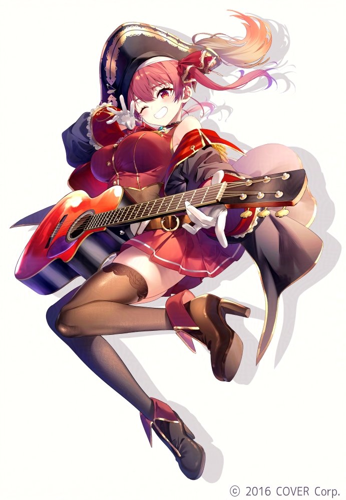 riichu, houshou marine, hololive, official art, 1girl, bare shoulders, boots, breasts, brown boots, brown thighhighs, clenched teeth, floating hair, full body, gloves, guitar, hat, high heel boots, high heels, holding, holding guitar, holding instrument, instrument, jacket, large breasts, long hair, long sleeves, looking at viewer, one eye closed, open clothes, open jacket, pirate, pirate hat, red eyes, red hair, red skirt, shadow, simple background, skirt, smile, solo, teeth, thighhighs, virtual youtuber, white background, white gloves