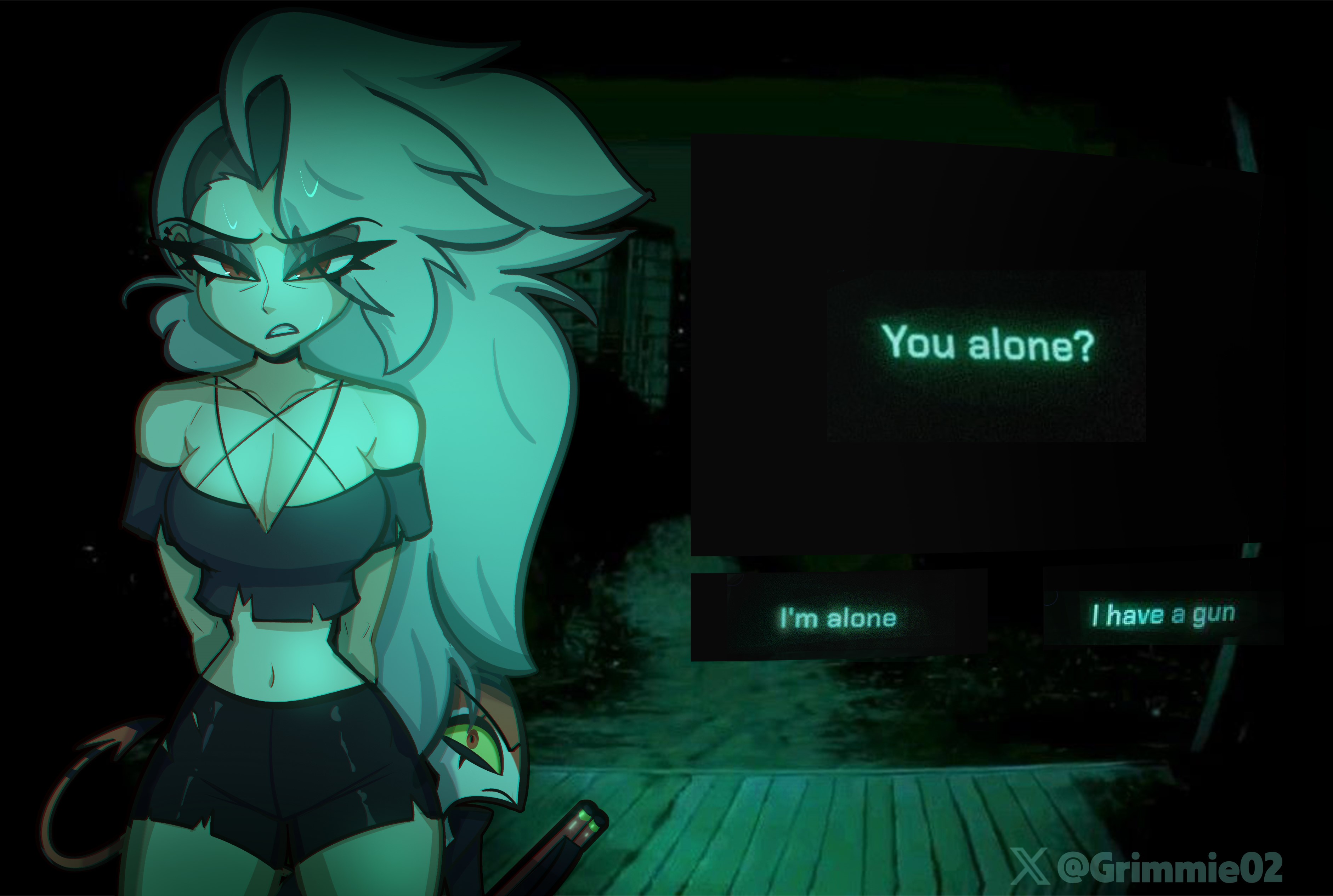 grimmie02, blitzo (helluva boss), loona (helluva boss), hellaverse, helluva boss, absurdres, commentary, english commentary, highres, 1boy, 1girl, artist name, bare shoulders, black shirt, black shorts, breasts, cleavage, collarbone, colored skin, cowboy shot, crop top, demon boy, demon tail, grey hair, large breasts, long hair, meme, multicolored hair, navel, red eyes, red skin, shirt, short sleeves, shorts, stomach, sweat, tail, teeth, two-tone hair, white skin