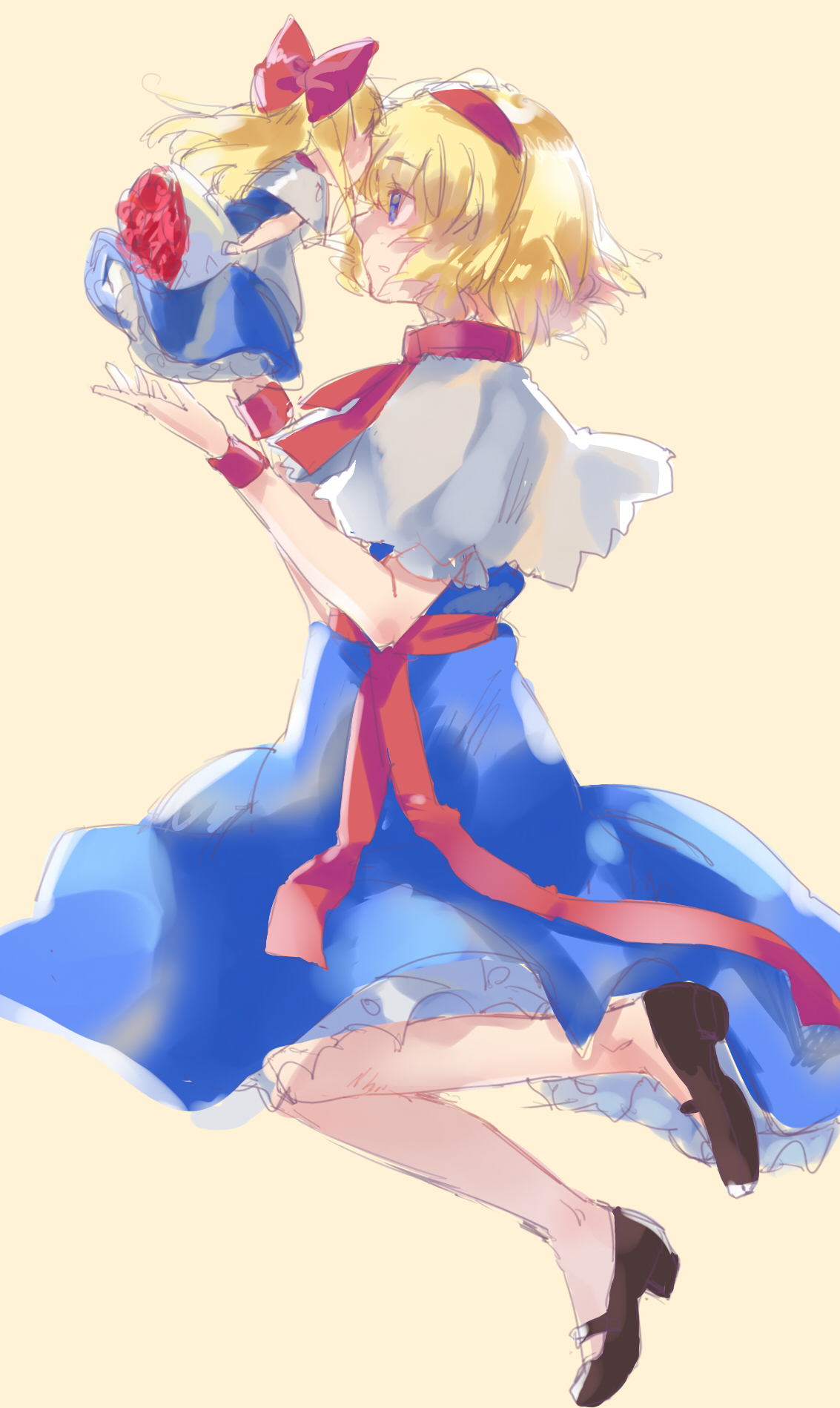 indis, alice margatroid, shanghai doll, touhou, commentary, highres, 1girl, belt, blonde hair, blue dress, blue eyes, brown shoes, capelet, dress, from side, full body, hairband, red belt, red hairband, red ribbon, red wrist cuffs, ribbon, shoes, short hair, simple background, solo, white capelet, wrist cuffs