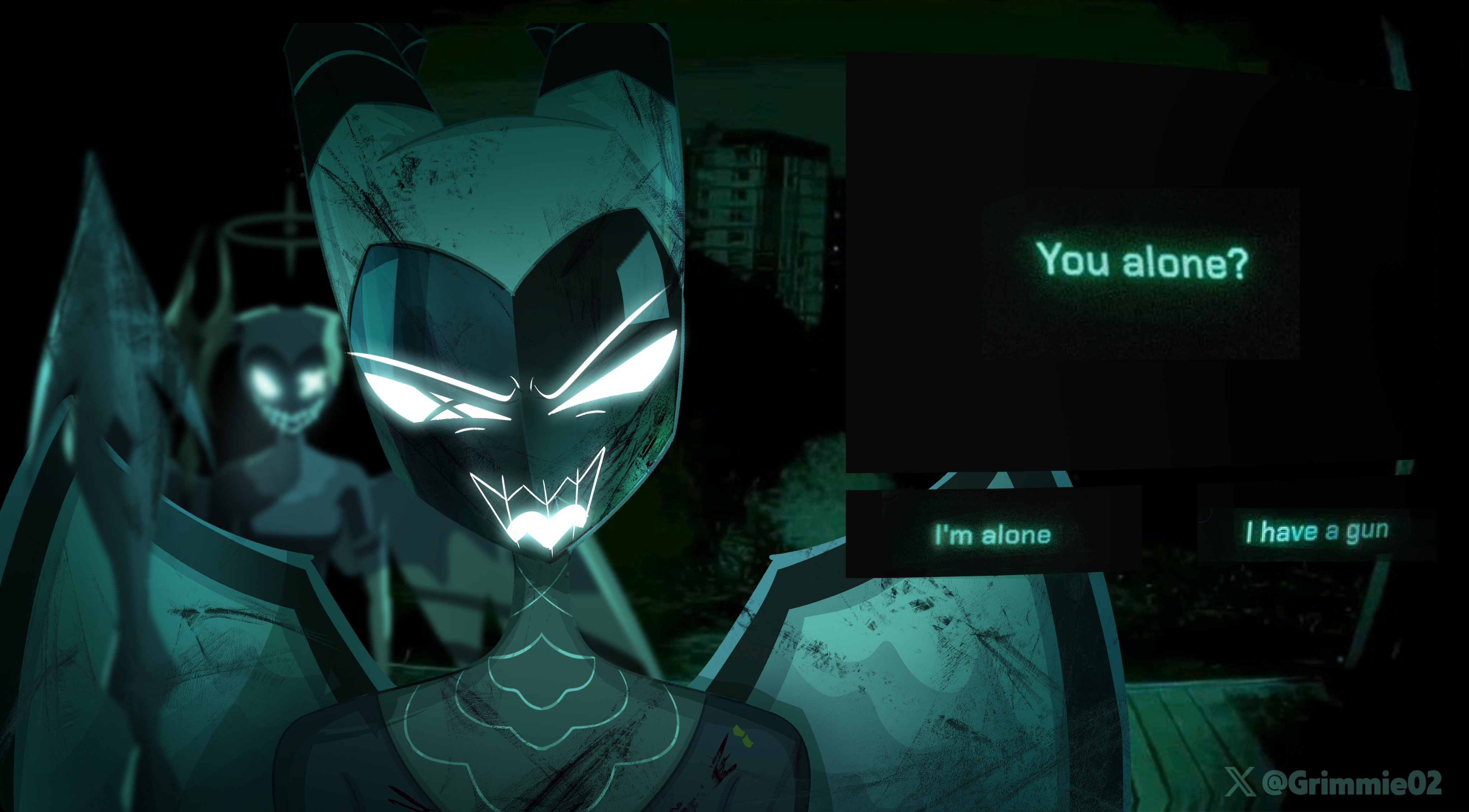 grimmie02, lute (hazbin hotel), hazbin hotel, hellaverse, no i'm not a human, absurdres, commentary, english commentary, highres, 2girls, angel, angel wings, artist name, dialogue box, dialogue options, english text, glowing, glowing eyes, green theme, halo, horns, looking at viewer, mask, meme, multiple girls, solo focus, white eyes, wings