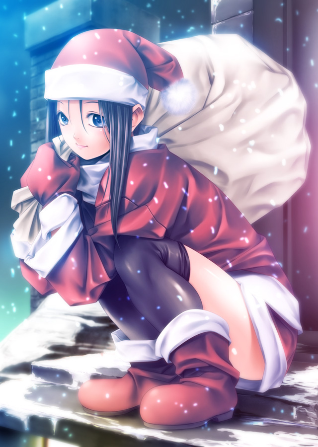 rezi, original, bad id, bad pixiv id, black hair, blue eyes, boots, christmas, hat, kneeling, lips, long hair, mittens, red mittens, sack, santa costume, santa hat, snow, solo, squatting, thighhighs