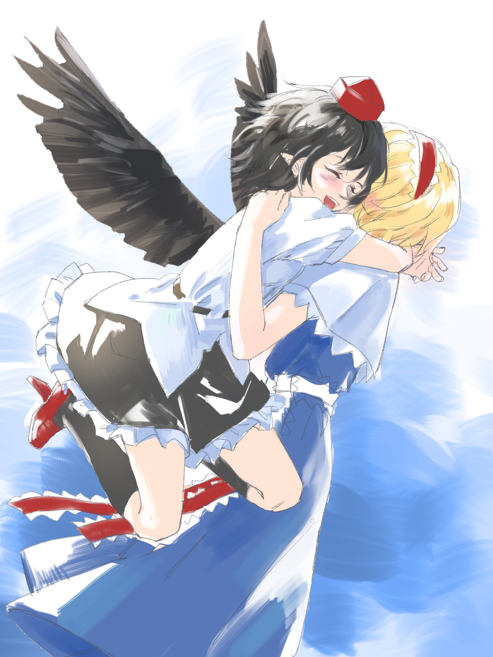 indis, alice margatroid, shameimaru aya, touhou, commentary, highres, 2girls, ^ ^, black hair, black skirt, black socks, black wings, blonde hair, blue dress, capelet, closed eyes, dress, feathered wings, frilled skirt, frills, geta, hairband, hat, hug, kneehighs, multiple girls, open mouth, pointy ears, red hairband, red hat, shirt, short hair, skirt, smile, socks, tengu, tengu-geta, tokin hat, white capelet, white shirt, wings