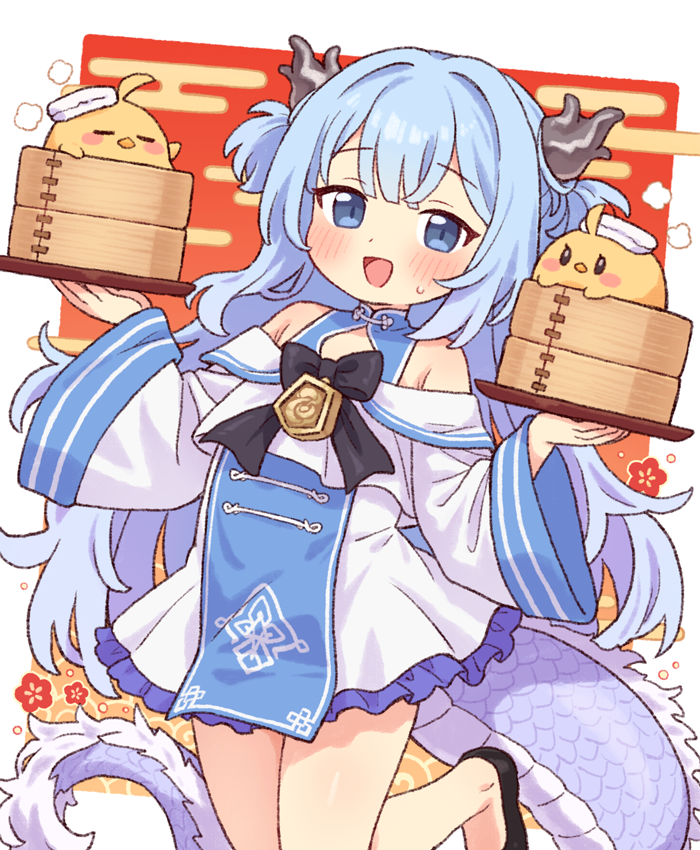 onyhakase, lung wu (azur lane), manjuu (azur lane), azur lane, 1girl, blue eyes, blue hair, dragon girl, dragon horns, dragon tail, dress, flat chest, holding, horns, long hair, tail
