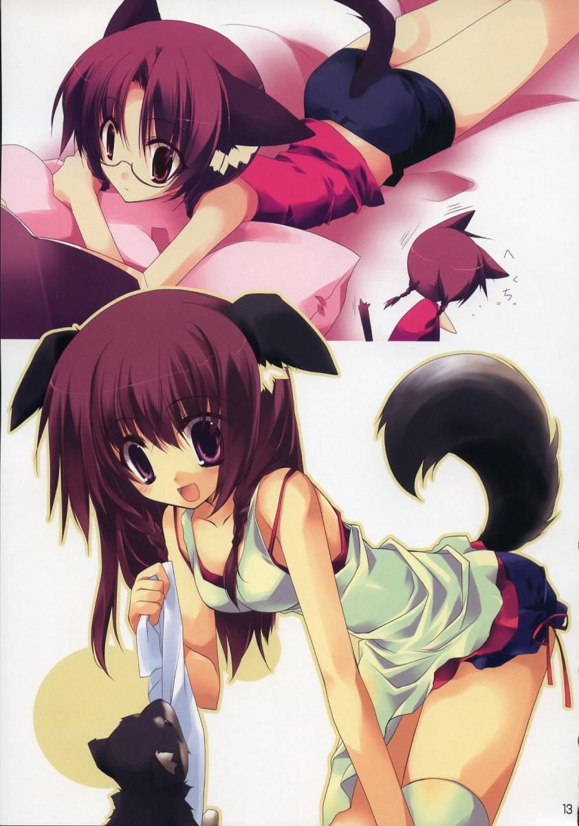 minazuki haruka, highres, 2girls, animal ears, braid, breasts, chibi, dog, dog ears, glasses, long hair, multiple girls, ribbon, shorts, small breasts, tail