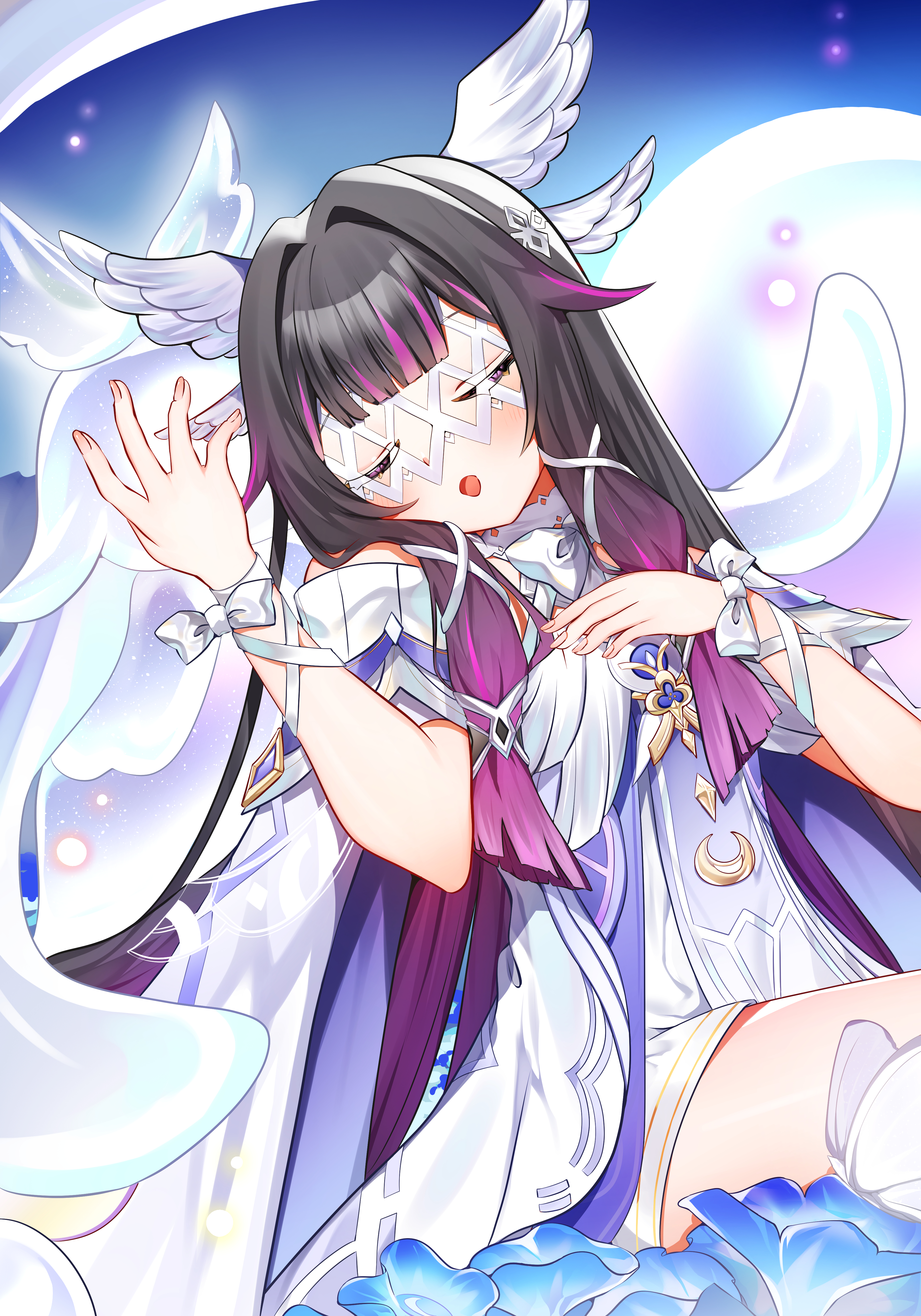 coco.a., columbina (genshin impact), genshin impact, absurdres, highres, 1girl, 1other, blush, choker, closed eyes, dress, feathered wings, hair ribbon, hand on own chest, head wings, kuuhenki (genshin impact), multicolored hair, multiple wings, open mouth, pink hair, ribbon, sidelocks, sitting, white choker, white dress, white ribbon, white wings, wings, wrist ribbon